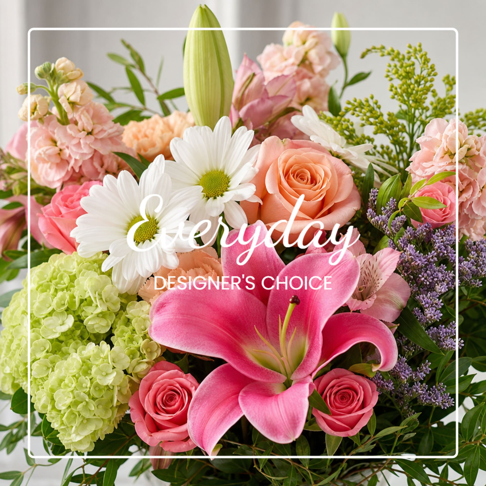 Mixed bouquet with pink lilies, roses, daisies, and hydrangeas