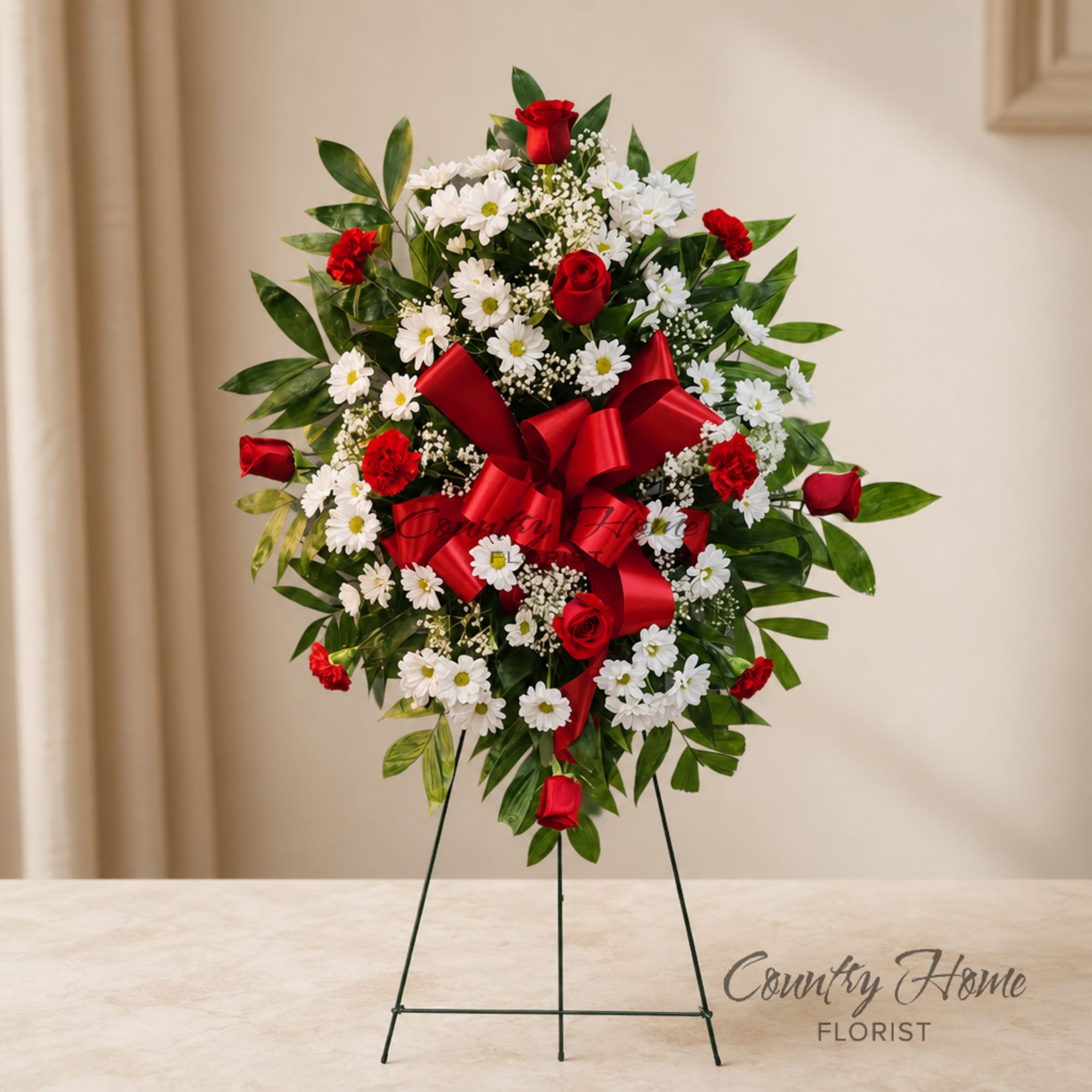 Standing floral wreath with red roses, white daisies, and a red ribbon bow