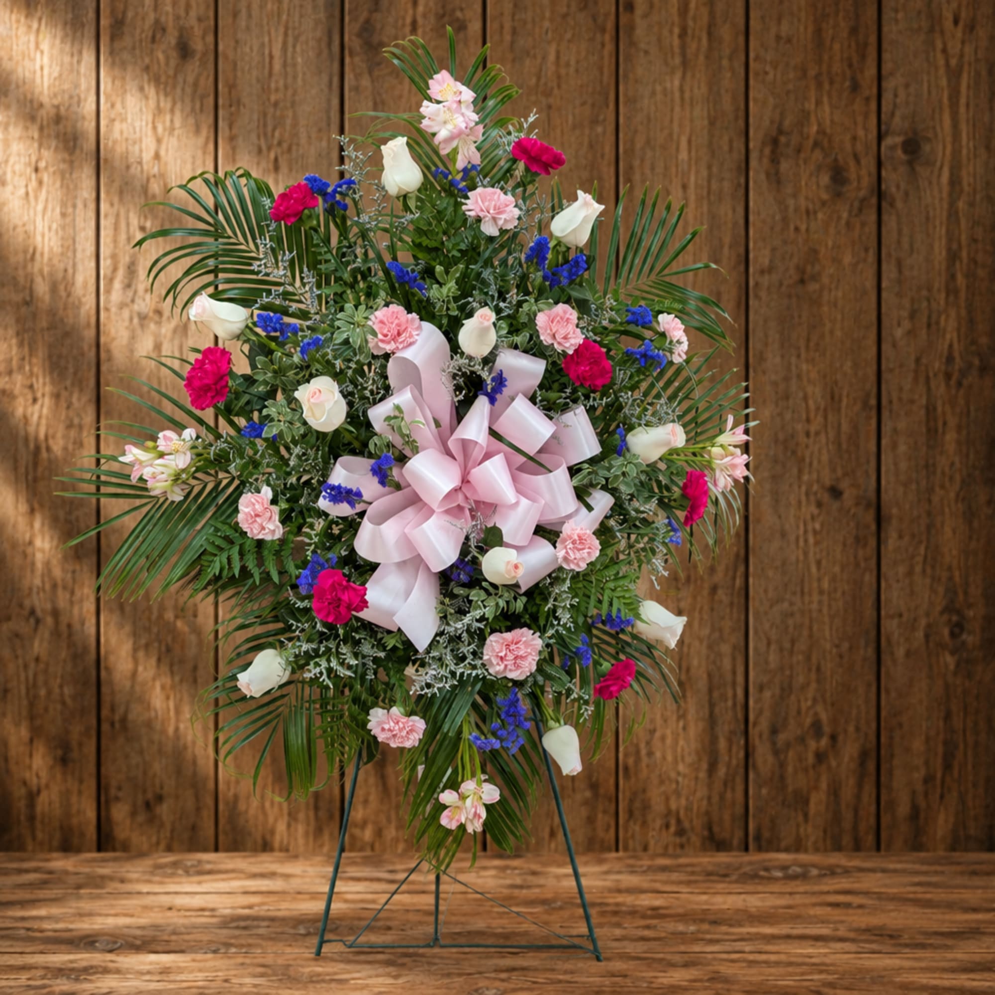 Standing floral spray with pink, white, and blue flowers and a pink bow