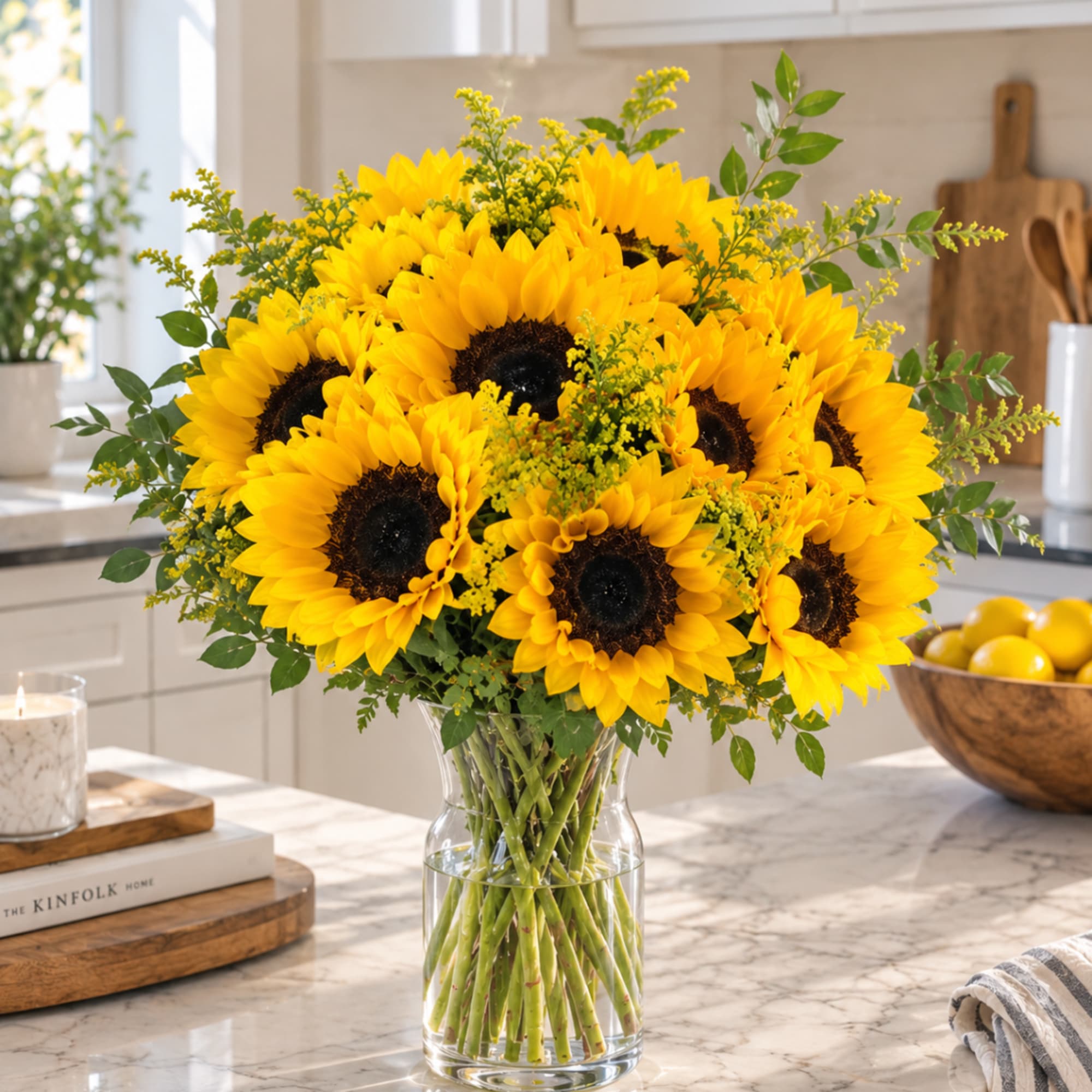 Bouquet of bright yellow sunflowers in a clear glass vase
