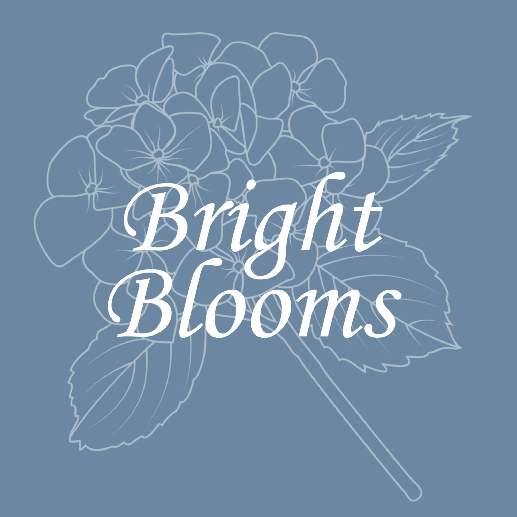 Blue graphic with outlined hydrangea flowers and the words Bright Blooms