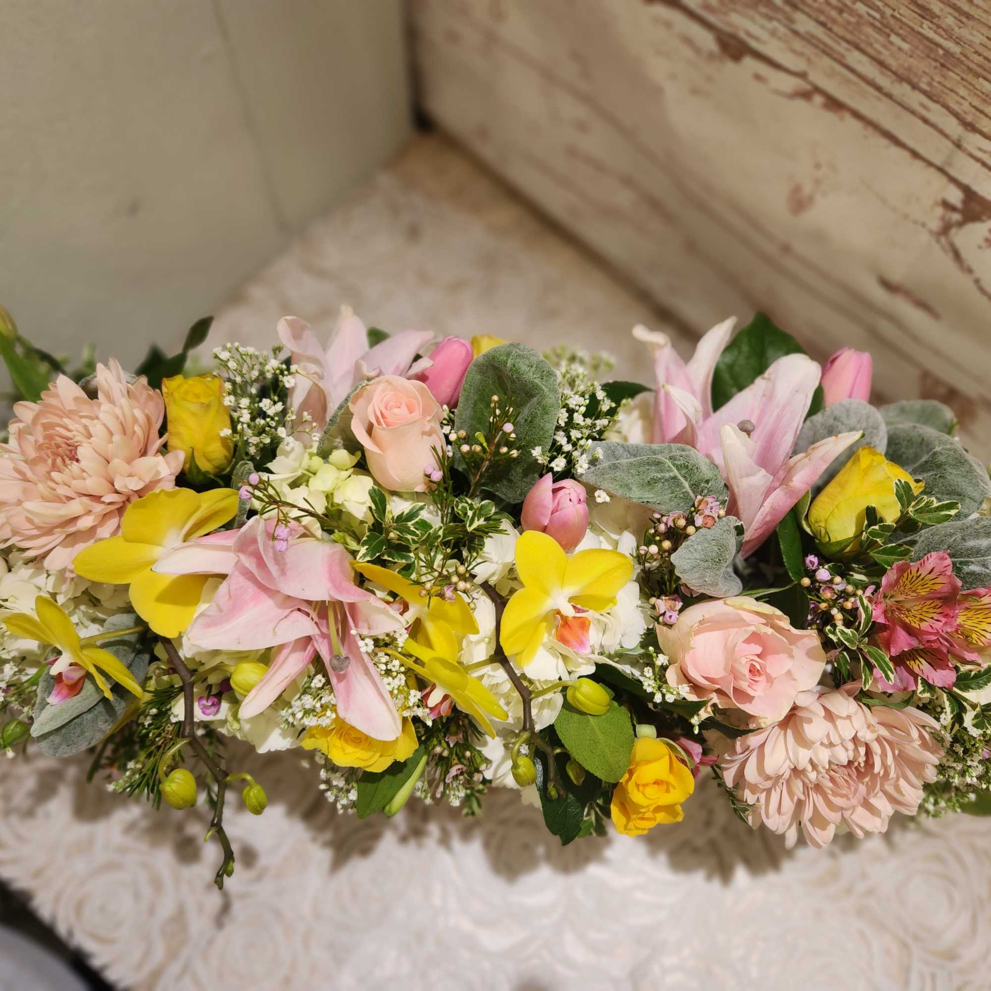 A beautiful low and low style arrangement designed in a wood box, photo 2 of 3