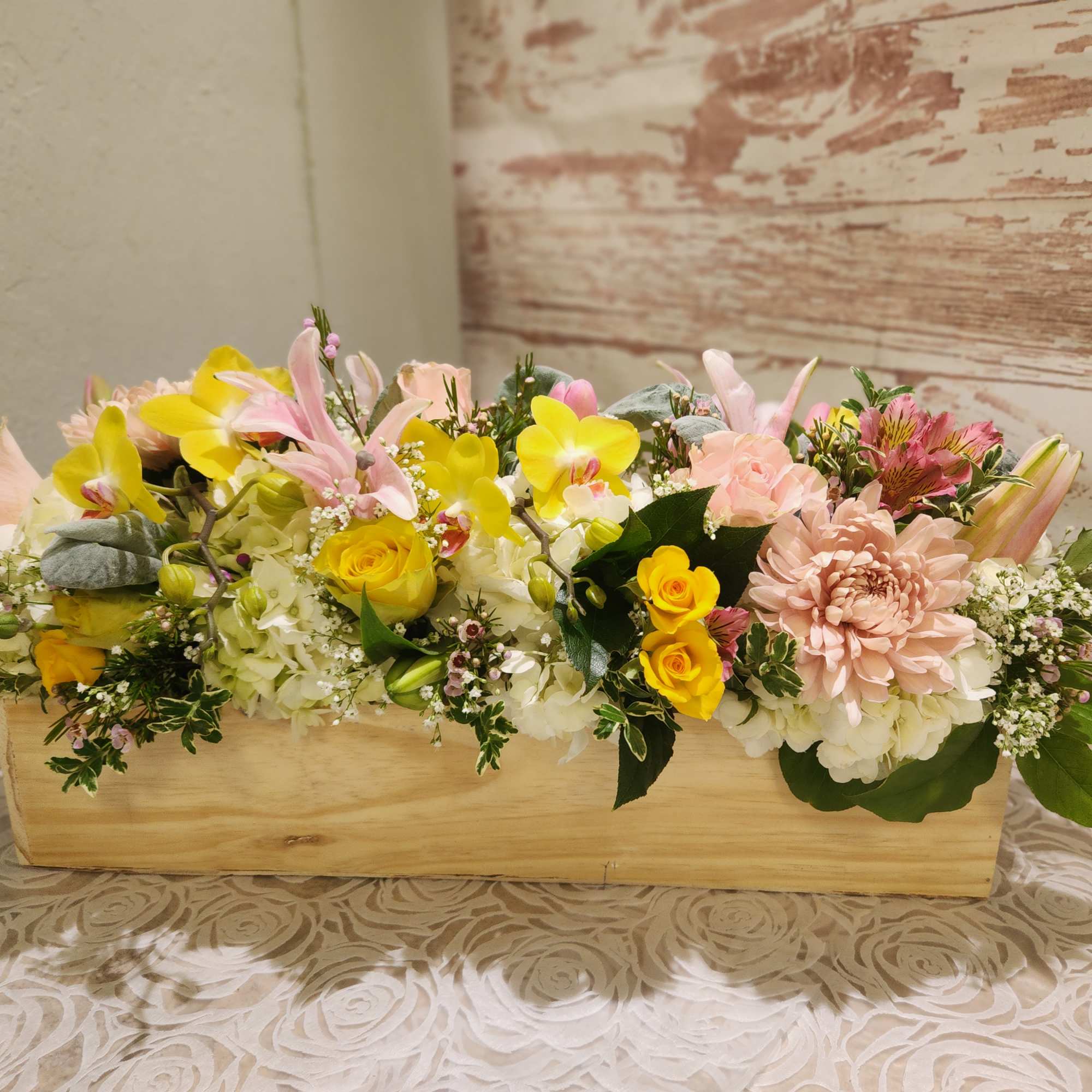 A beautiful low and low style arrangement designed in a wood box, photo 3 of 3