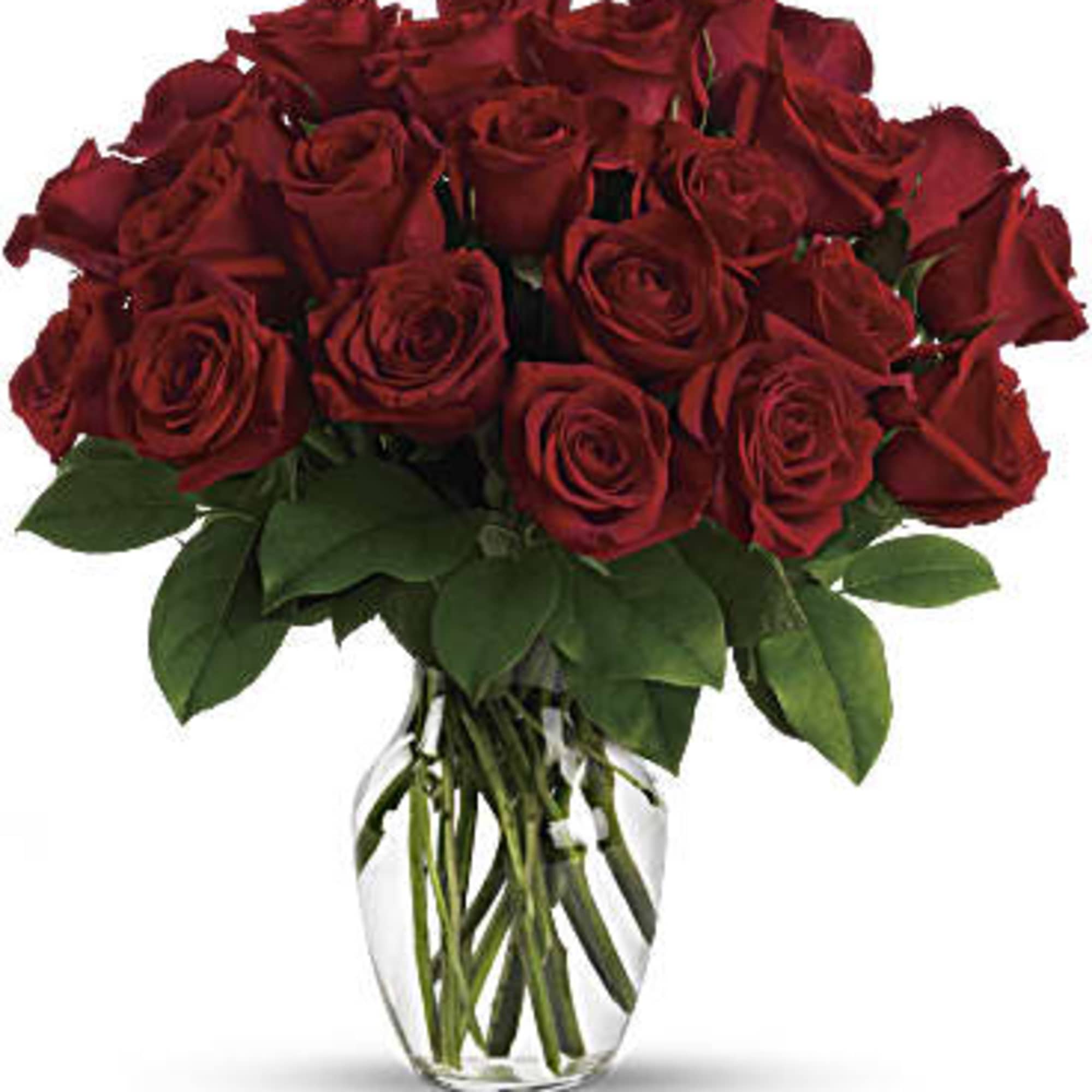 Bouquet of red roses in a clear glass vase