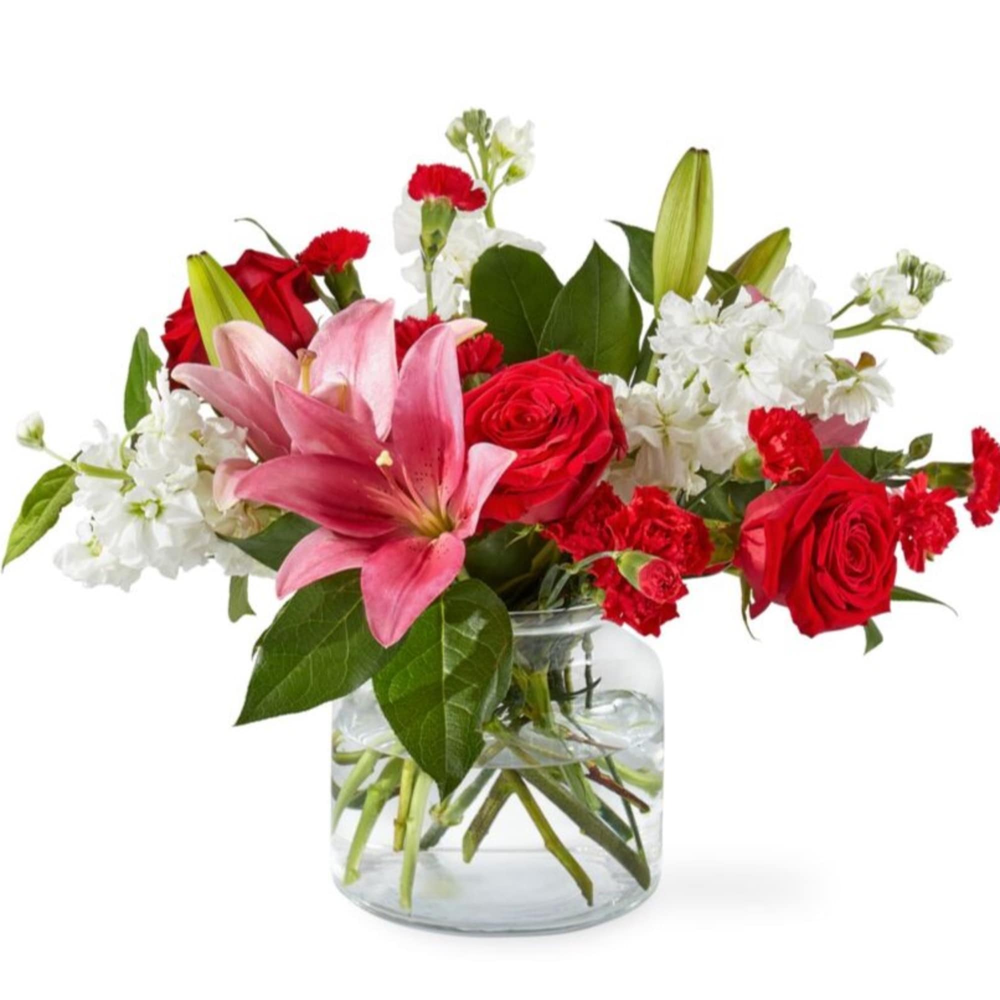 With an abundant blend of colorful blooms in a cinched glass vase