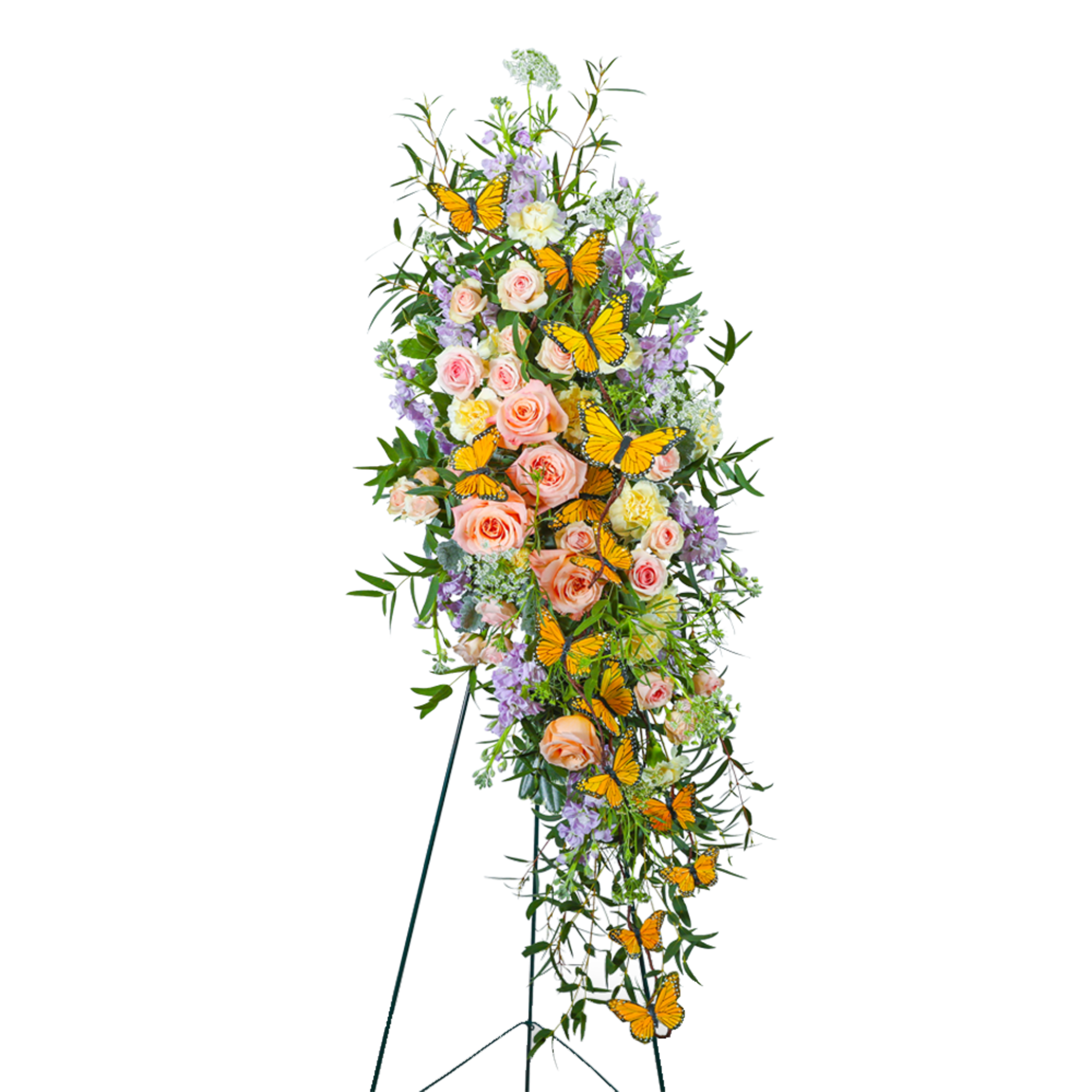 Tall floral standing spray with pink roses, lavender flowers, and butterfly accents