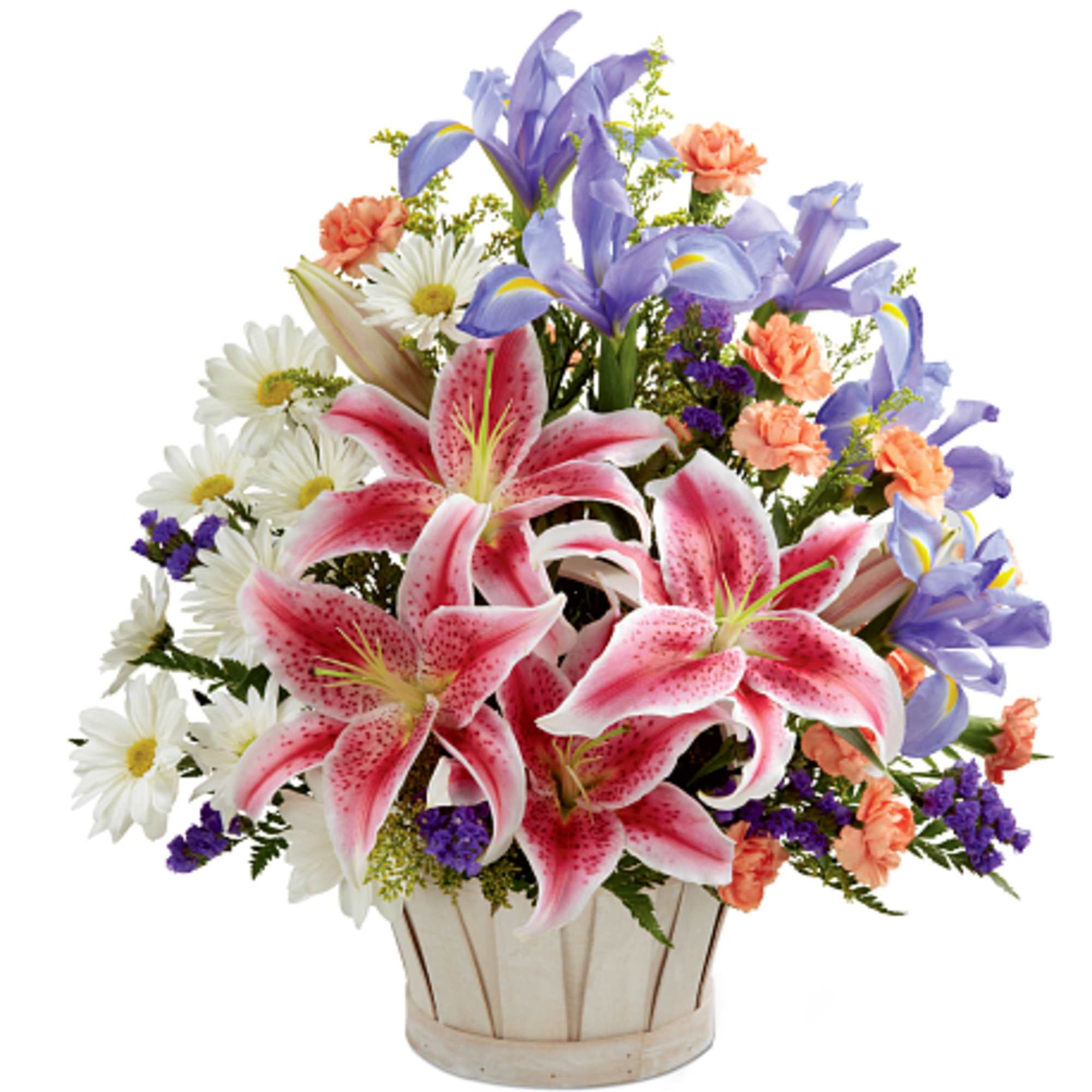 Mixed bouquet with pink lilies, purple irises, and white daisies in a basket, photo 3 of 3