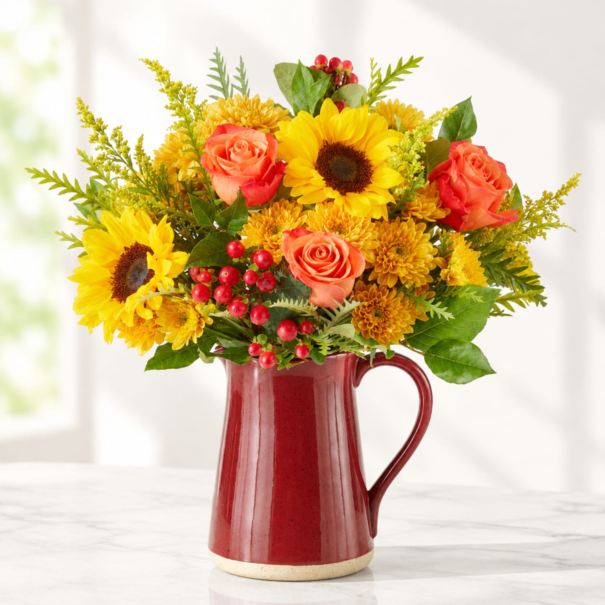 Bouquet of yellow sunflowers, orange roses, and mums in a red pitcher vase