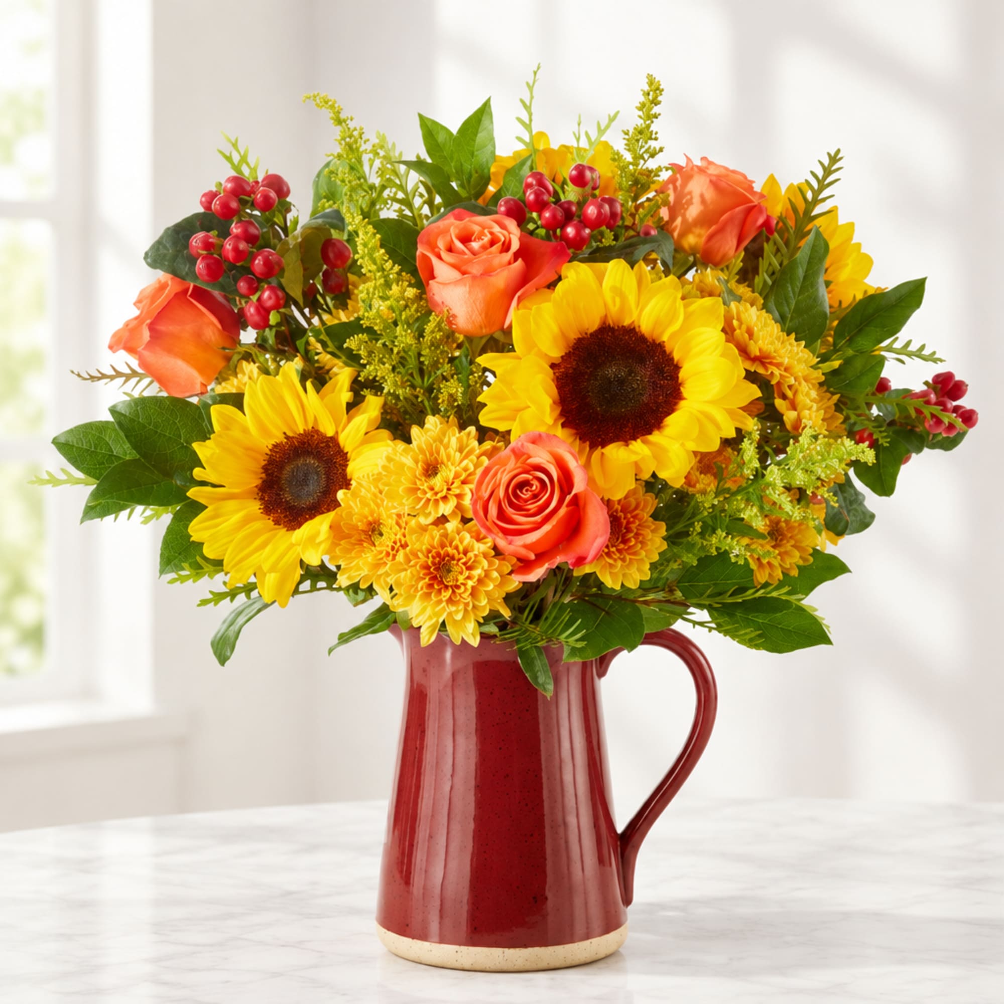 Bouquet of yellow sunflowers, orange roses, and red berries in a red pitcher vase