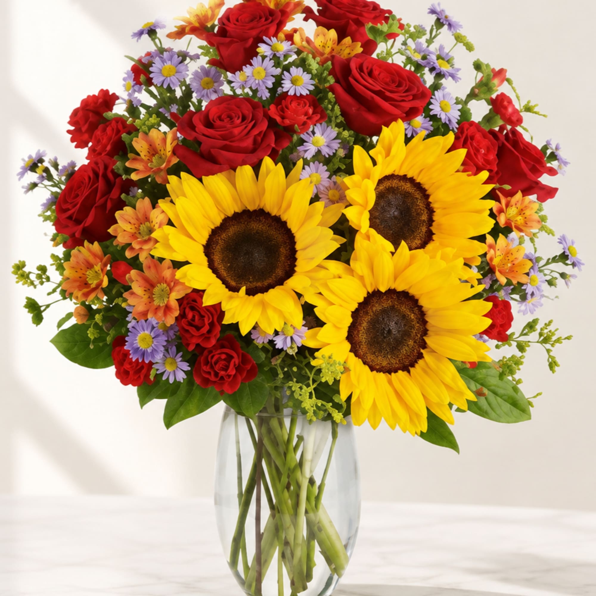 Bouquet of red roses, sunflowers, and purple daisies in a clear glass vase