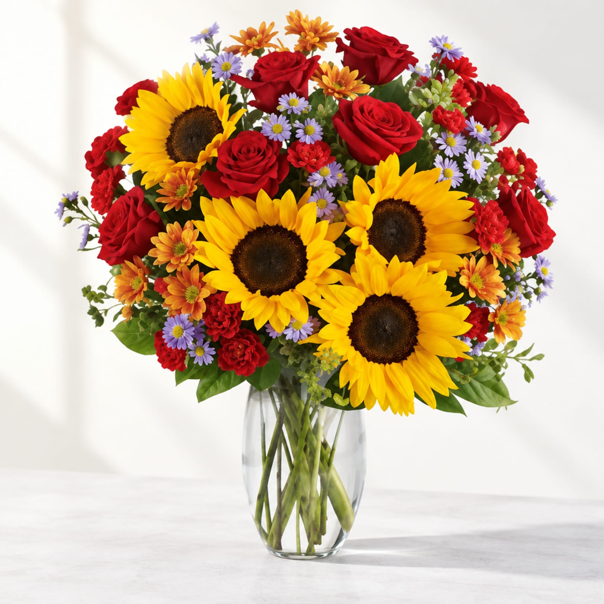 Bouquet of sunflowers, red roses, and small purple flowers in a clear glass vase