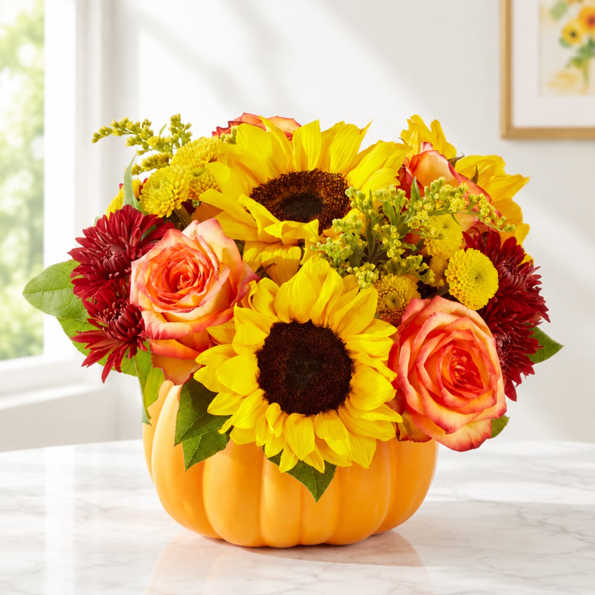 Sunflowers, roses, and mums arranged in a pumpkin-shaped container