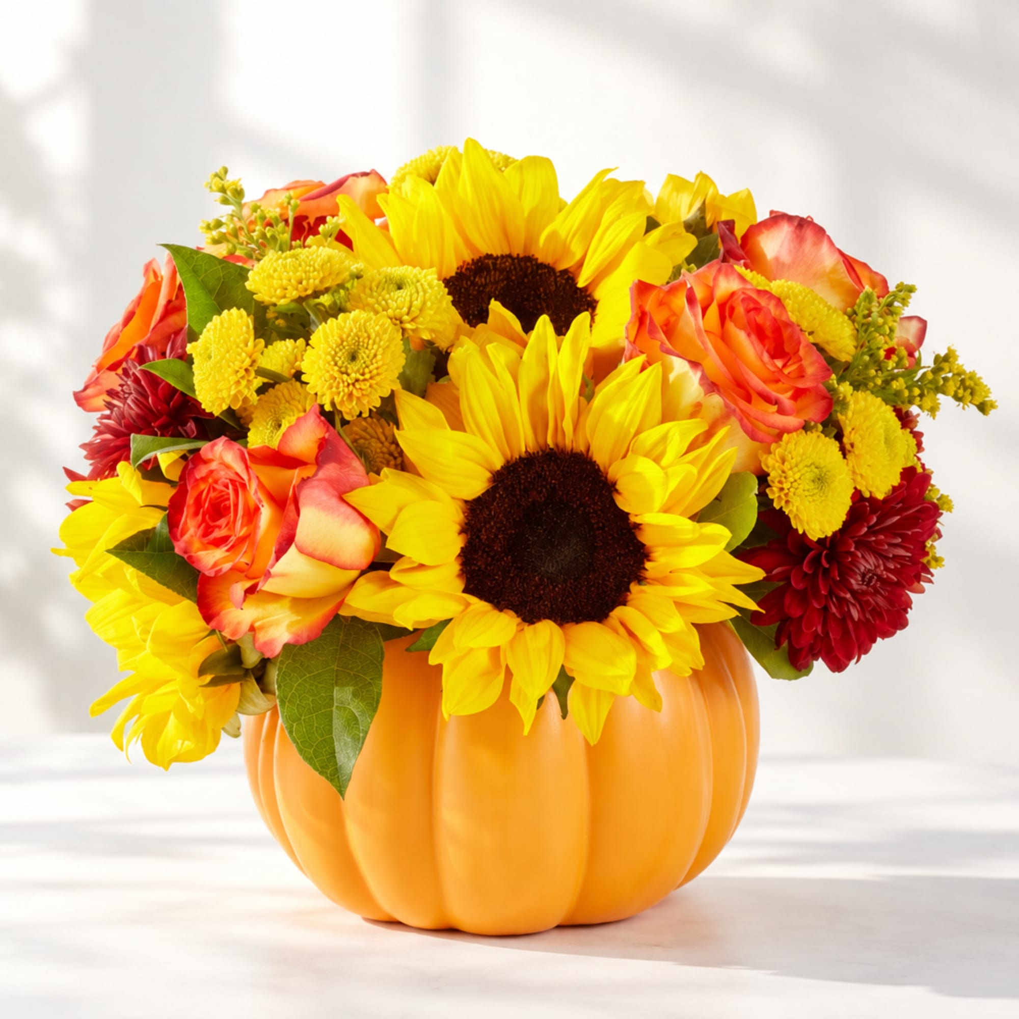 Sunflowers and roses arranged in a pumpkin-shaped container