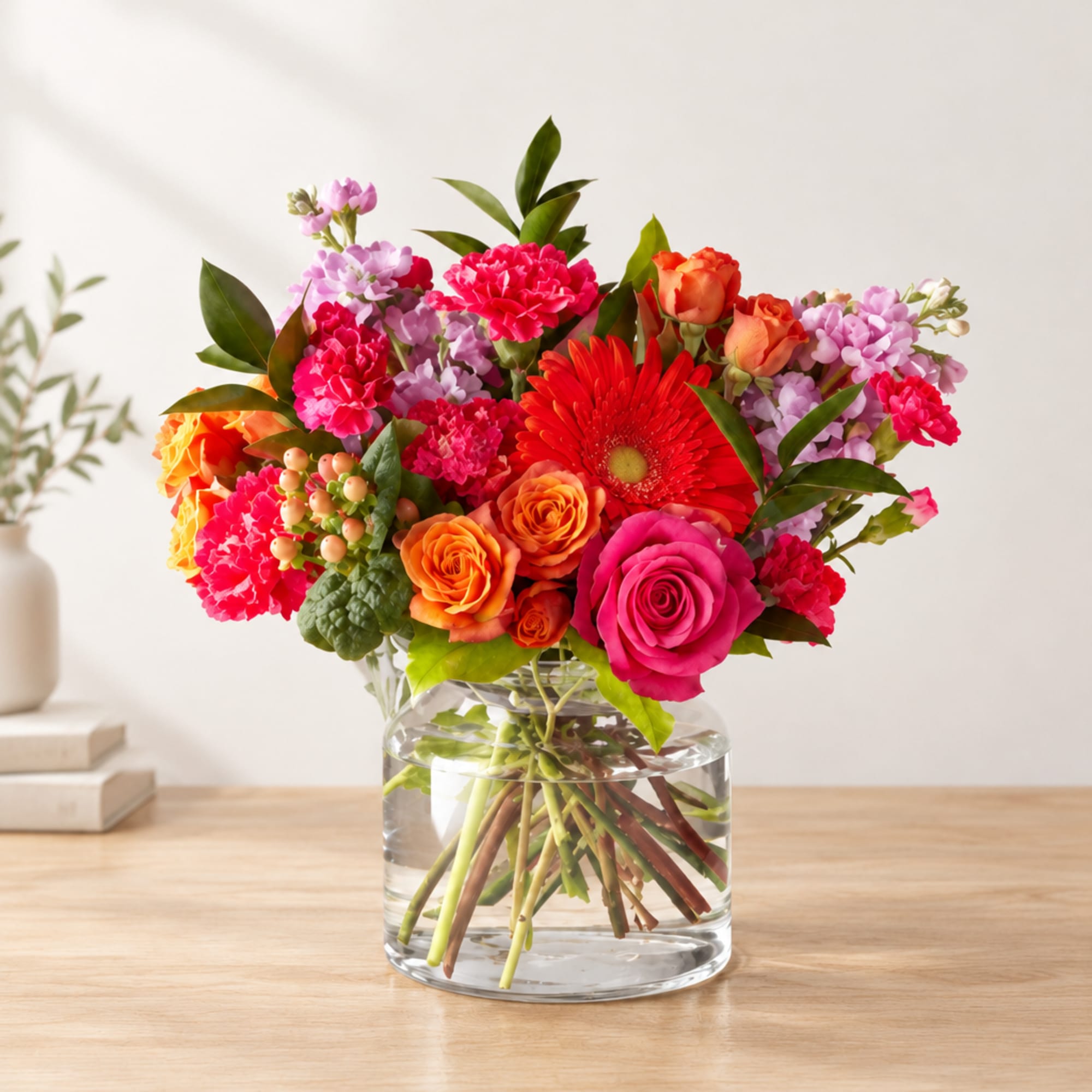 Mixed bouquet of pink, orange, and red flowers in a clear glass vase