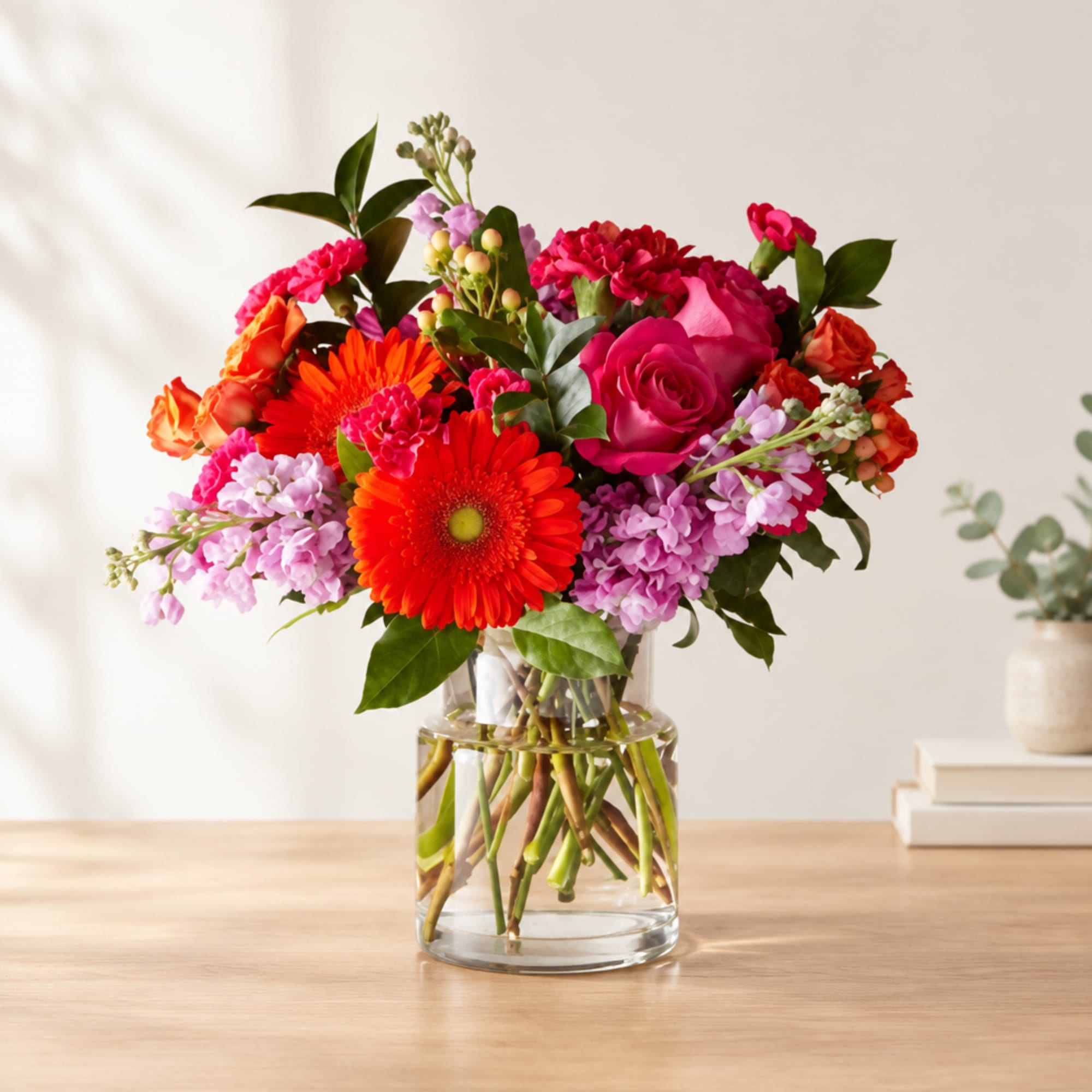Bright mixed bouquet in a clear glass vase with pink, orange, and purple blooms