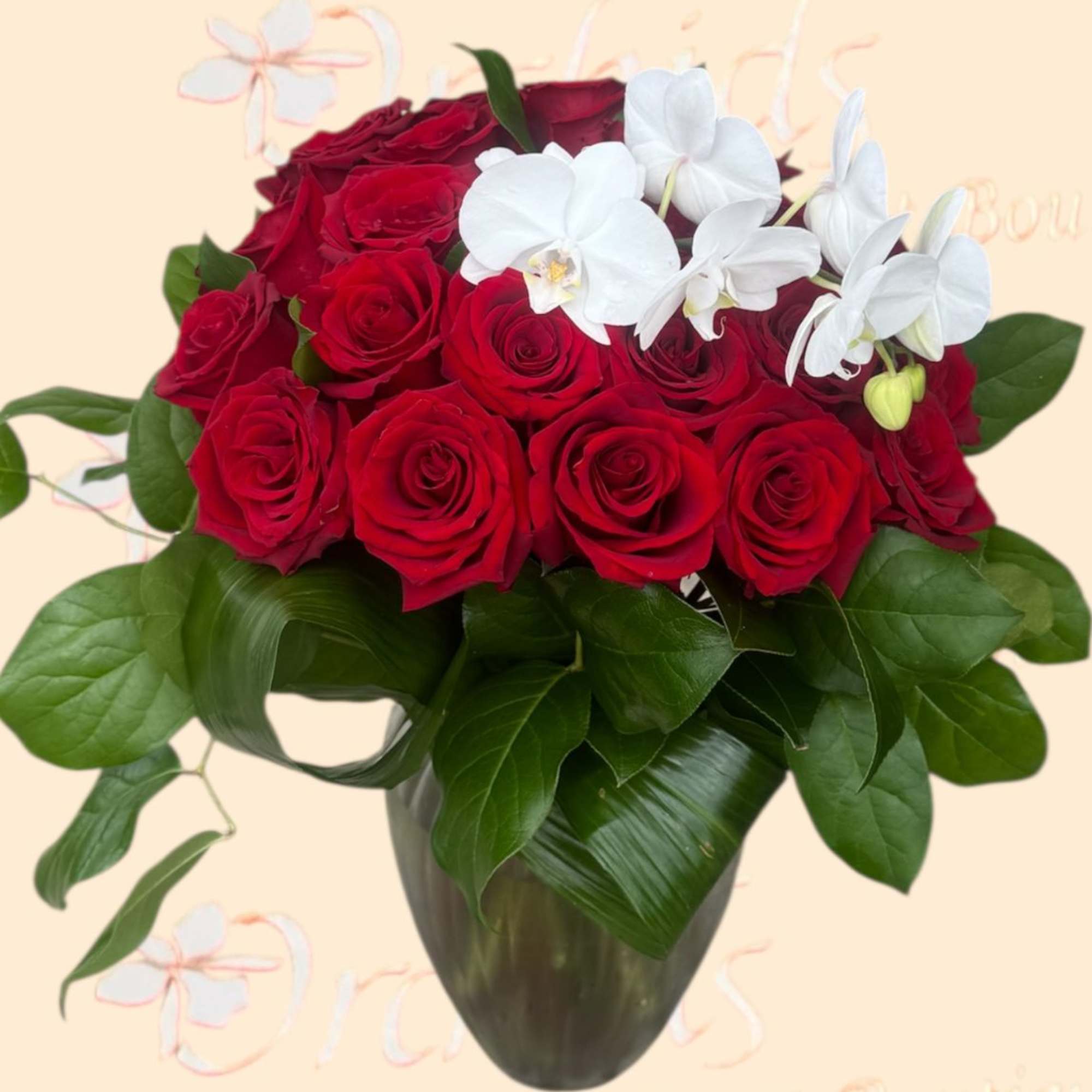 Red roses with white orchids in a dark vase