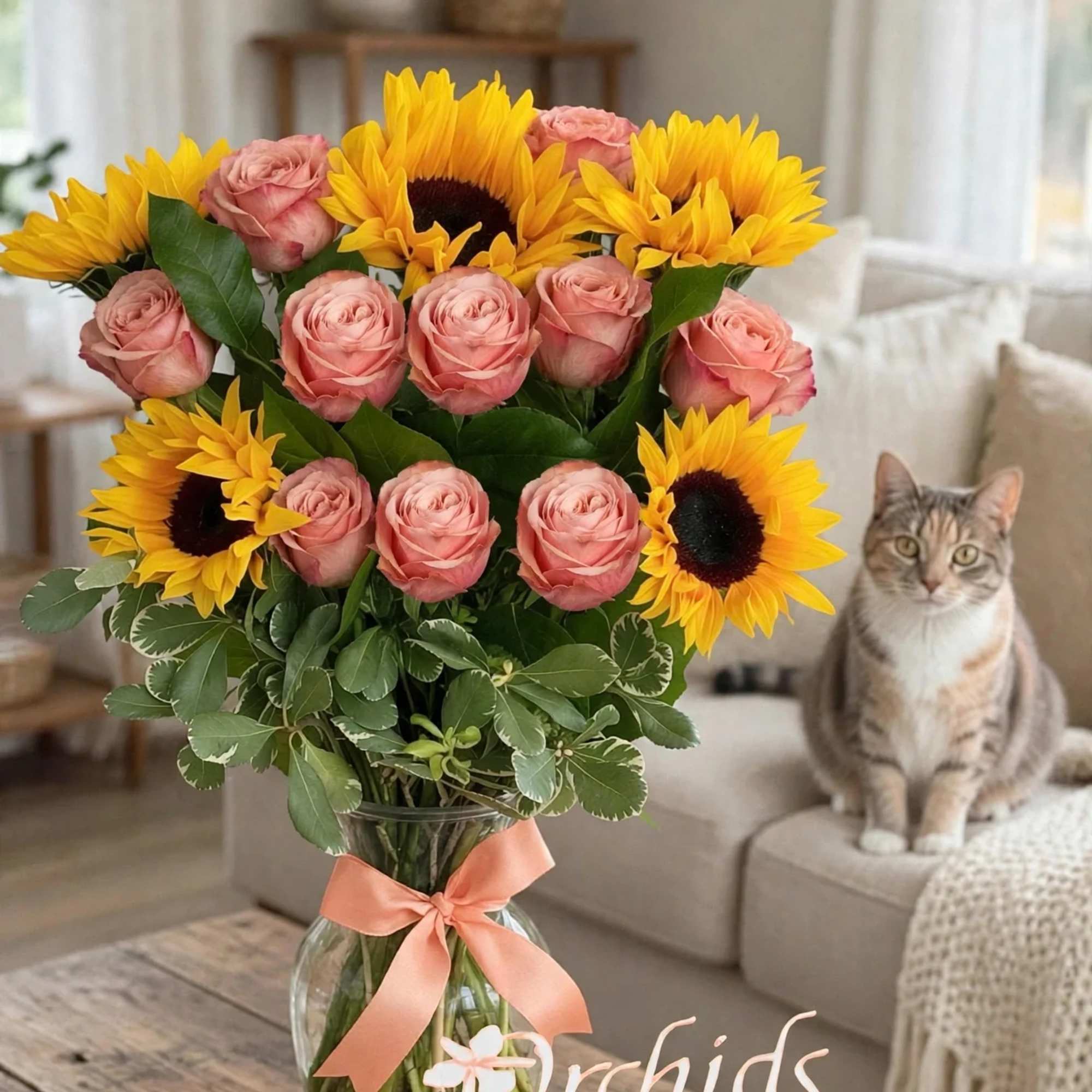 Celebrate the love of flowers and feline companions with our Kahala Peach