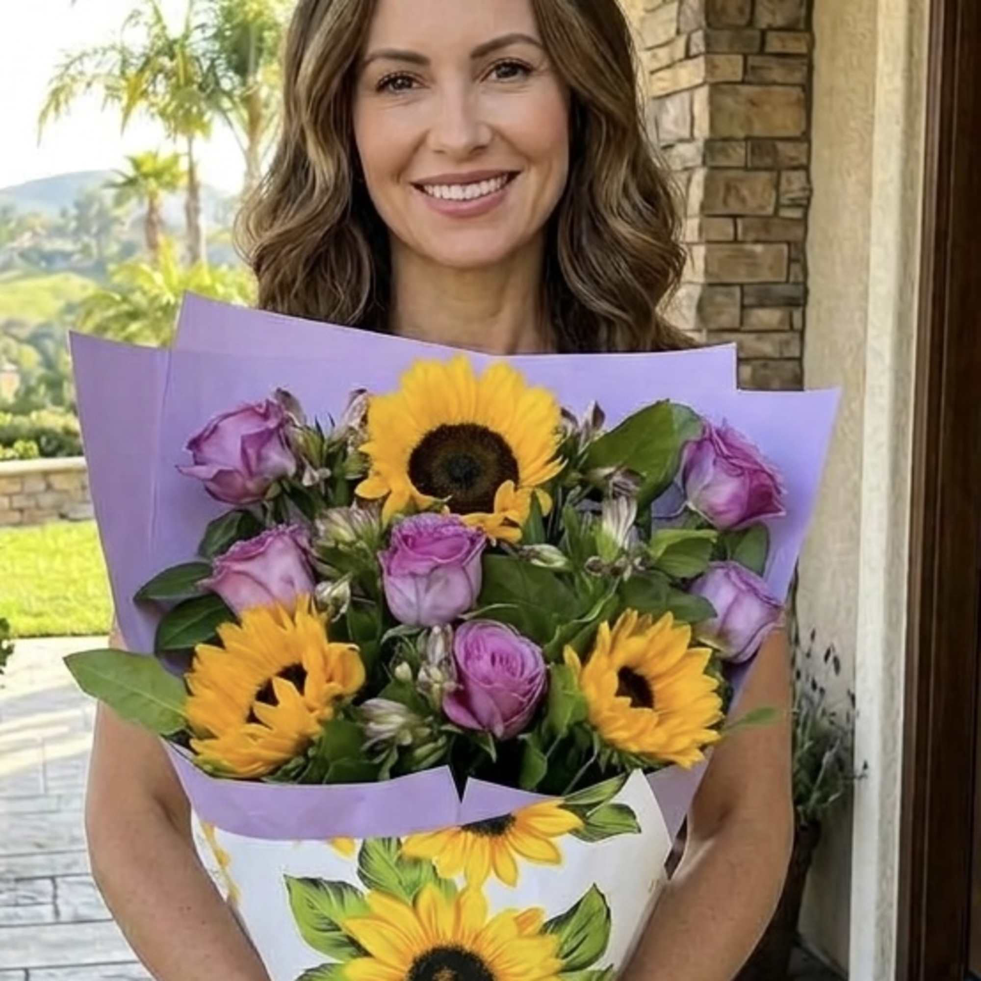 Bouquet of yellow sunflowers and lavender roses wrapped in purple paper
