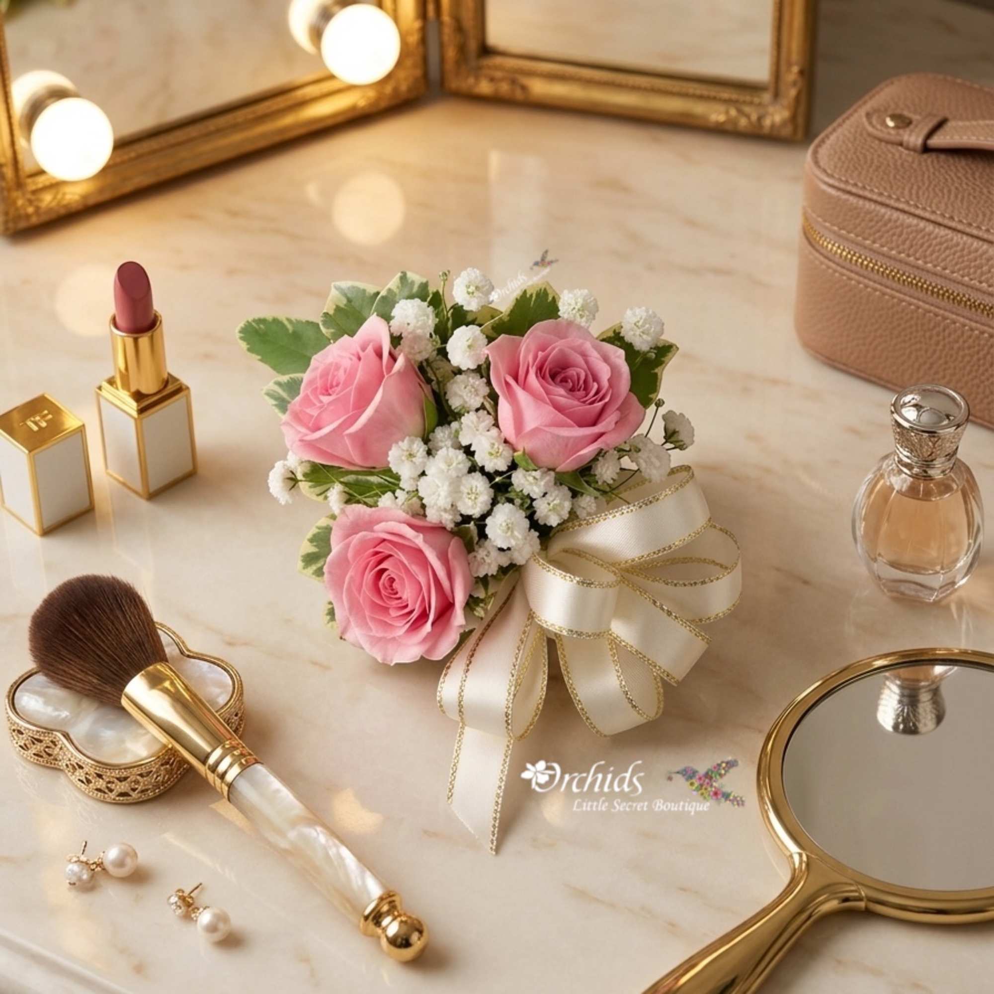 Small bouquet of pink roses and white filler flowers with a ribbon bow