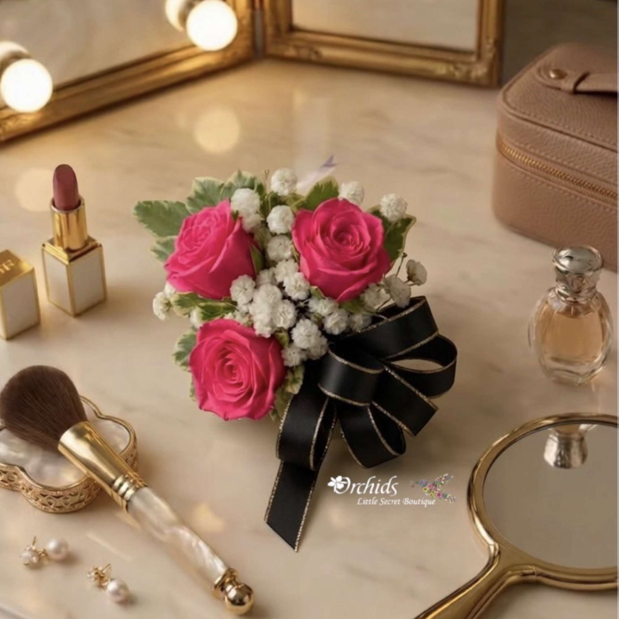 Pink rose boutonniere with baby's breath and a black ribbon bow