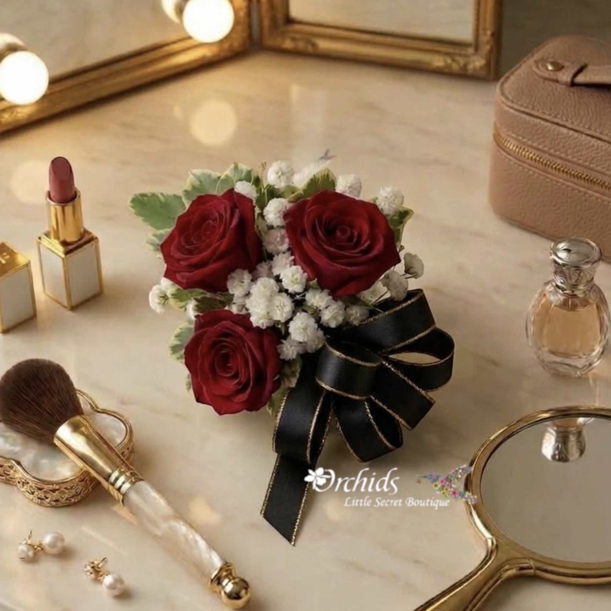 Small bouquet of red roses with white filler flowers and a black ribbon bow