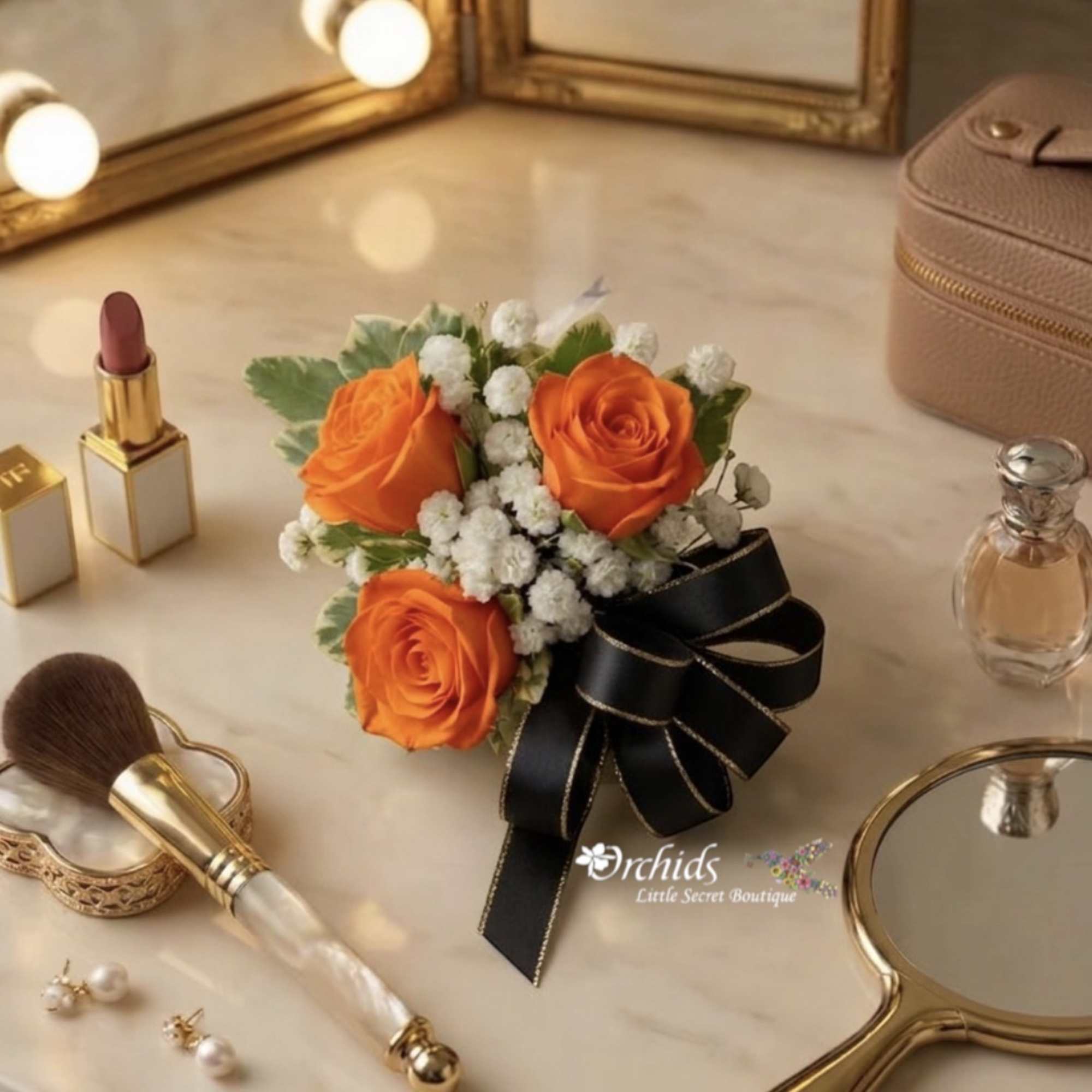 Small bouquet of orange roses with white filler flowers and a black ribbon bow