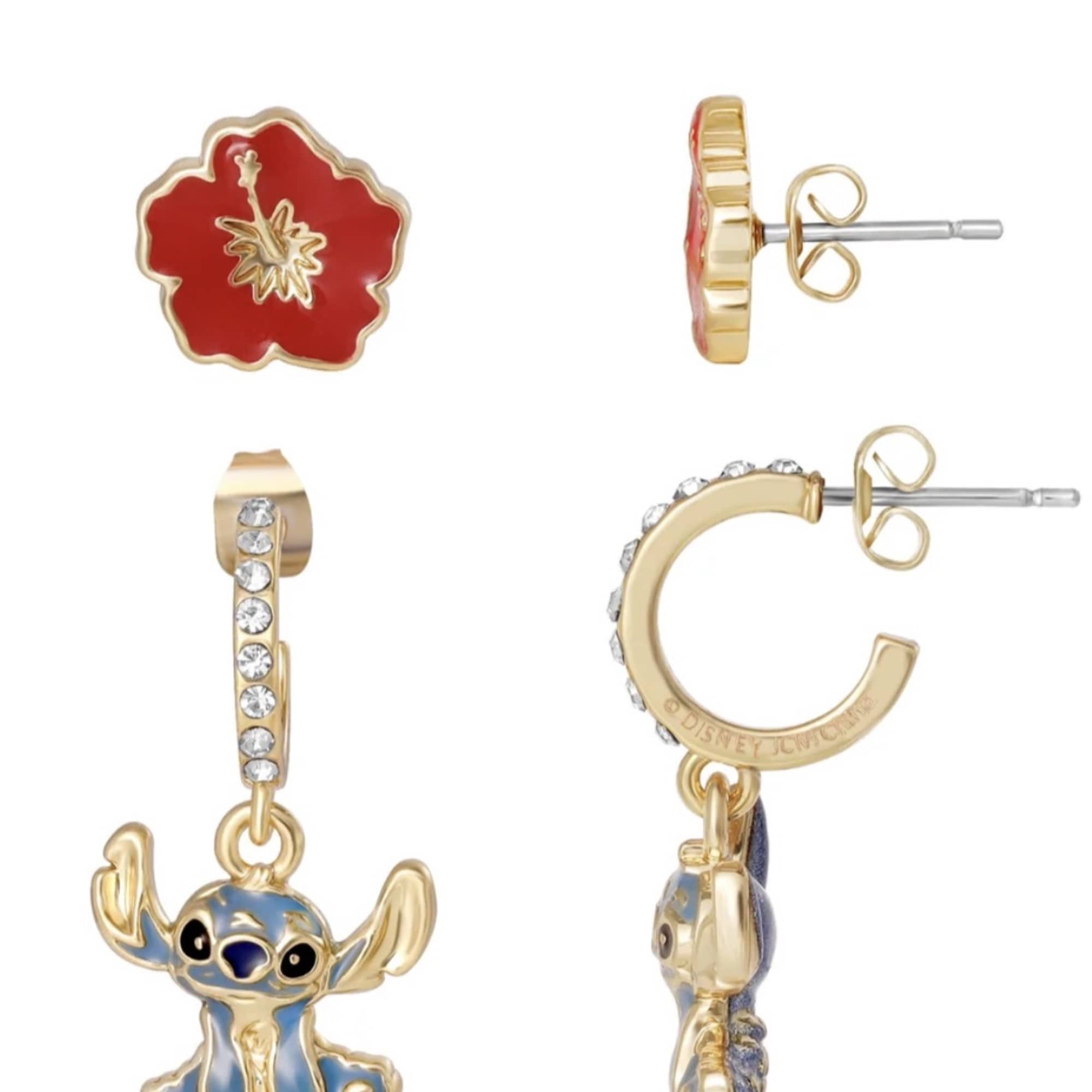 Disney Stitch earrings with red flower studs and dangling character charms