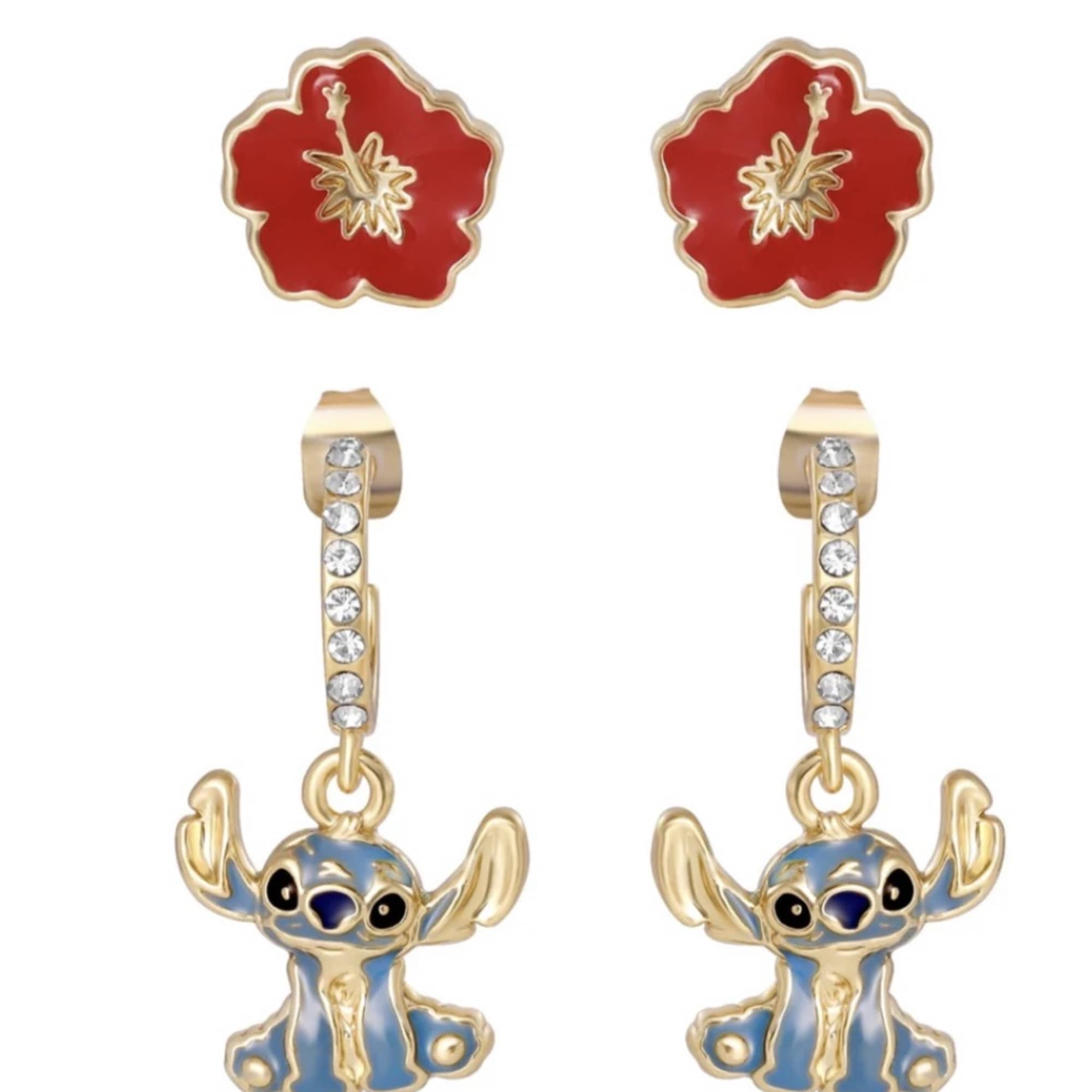 Pair of dangling Stitch earrings with red flower studs