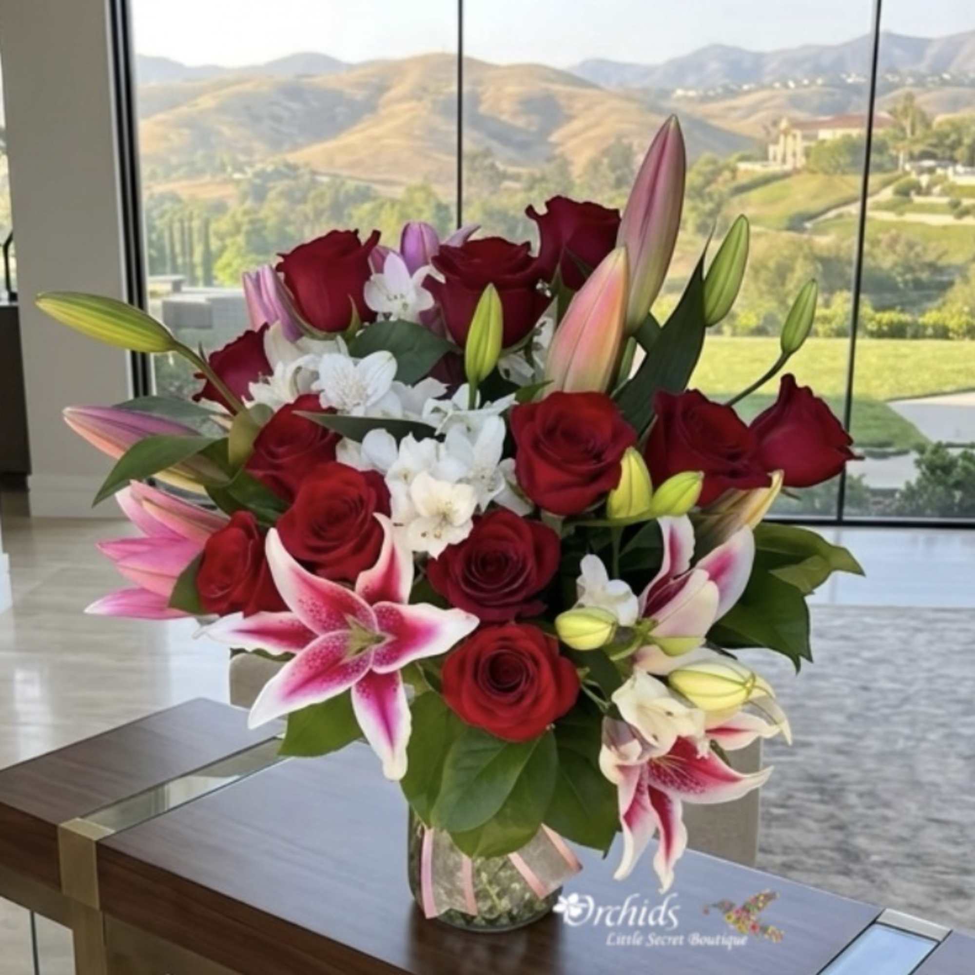 Red roses and pink lilies arranged in a clear glass vase