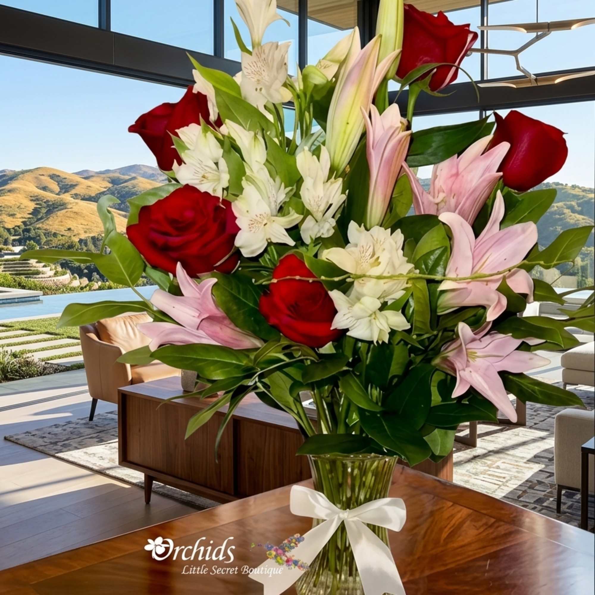Bouquet of red roses, pink lilies, and white alstroemeria in a glass vase with a white ribbon