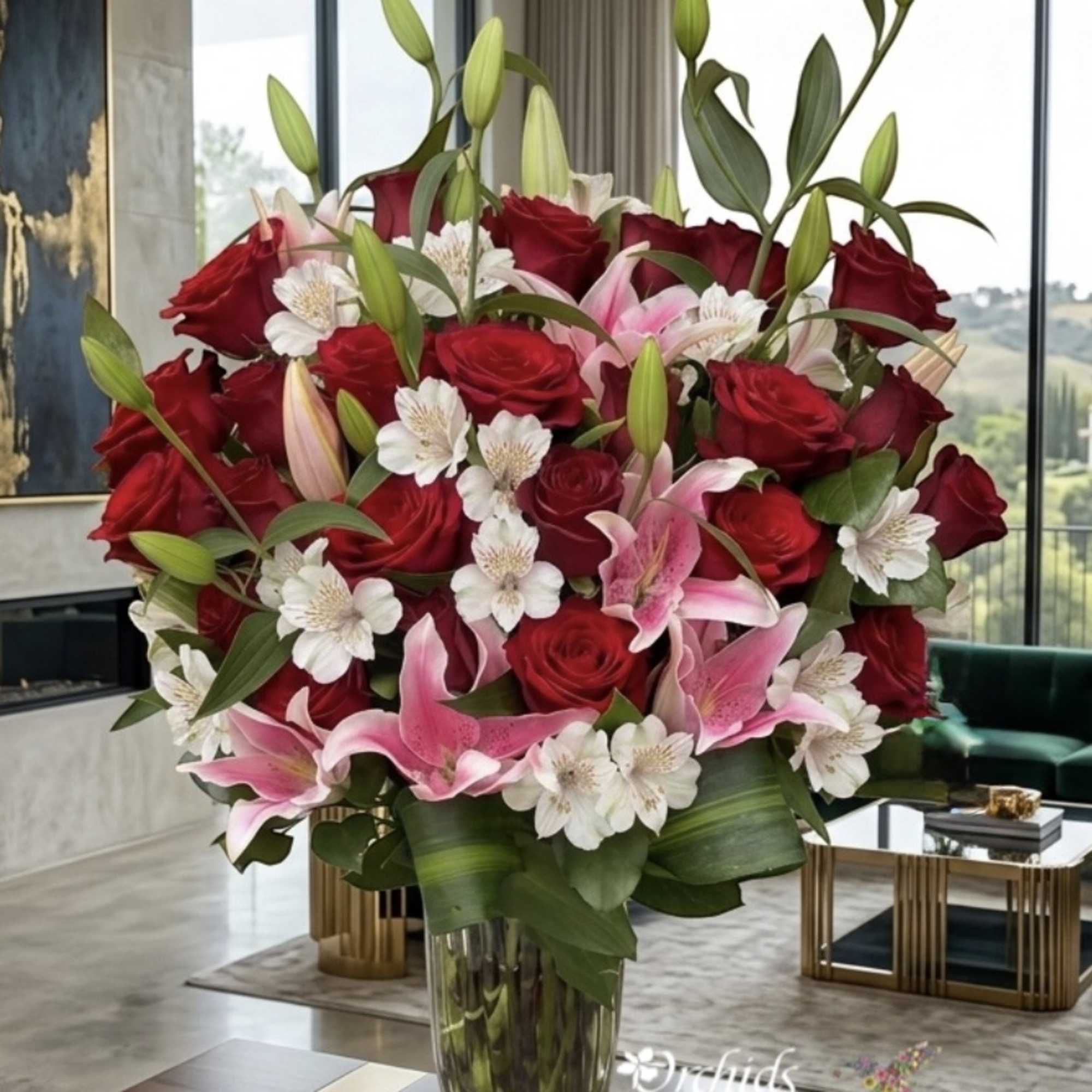 Red roses and pink lilies in a clear glass vase
