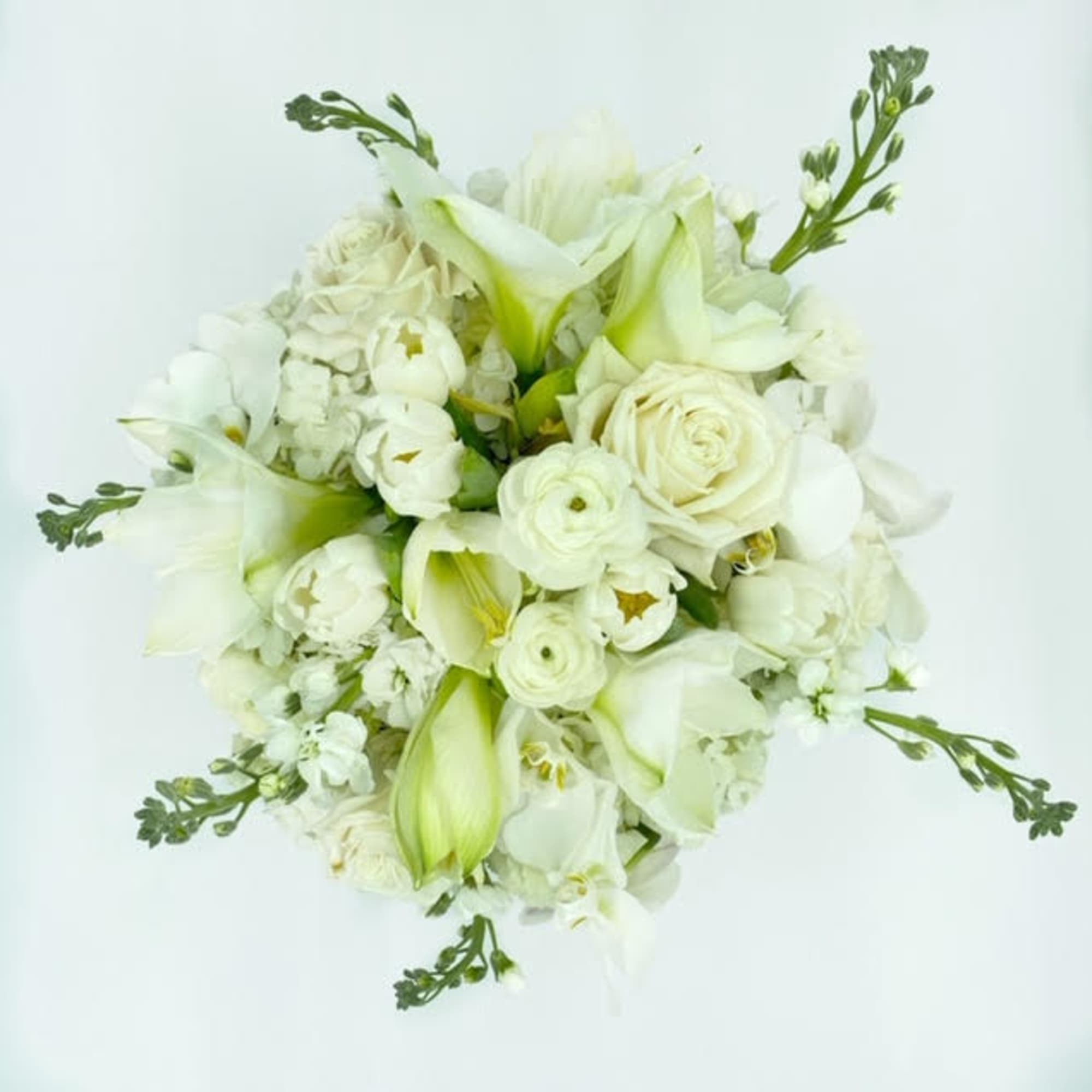 White bouquet with calla lilies, roses, and orchids