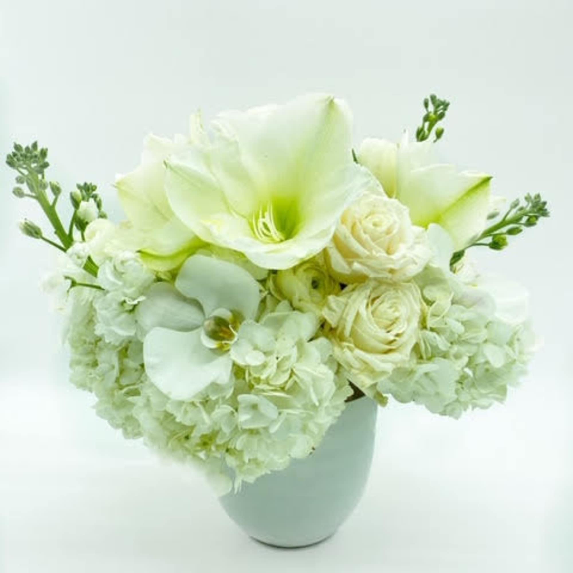 White floral arrangement in a white vase with large blooms