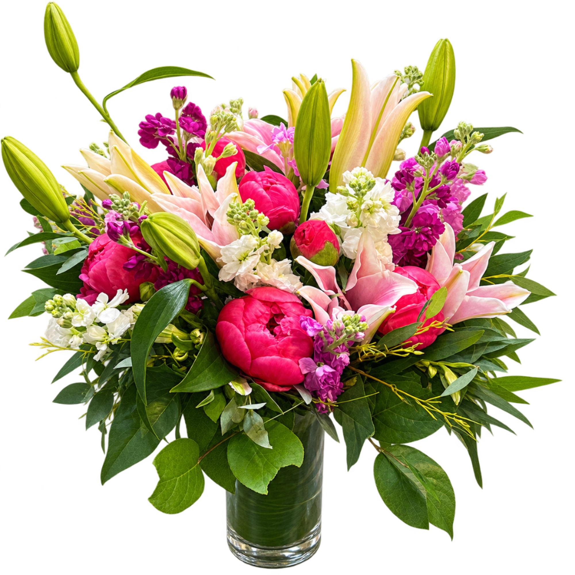 Pink peonies and lilies in a clear glass vase, photo 2 of 3