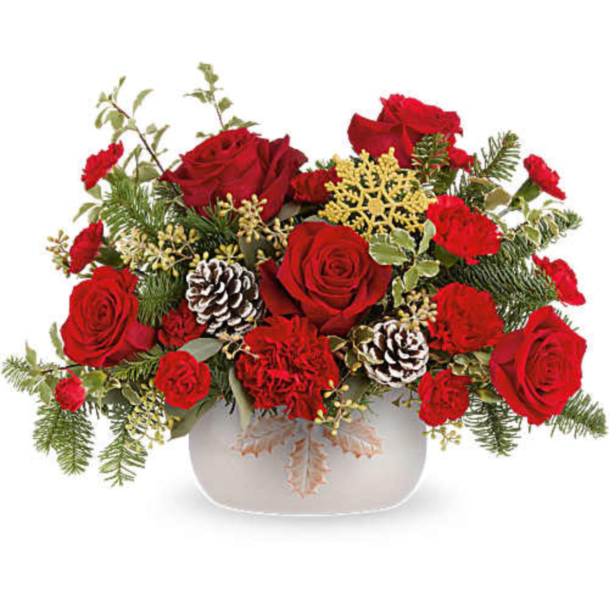 Red roses and carnations in a white vase with pinecones