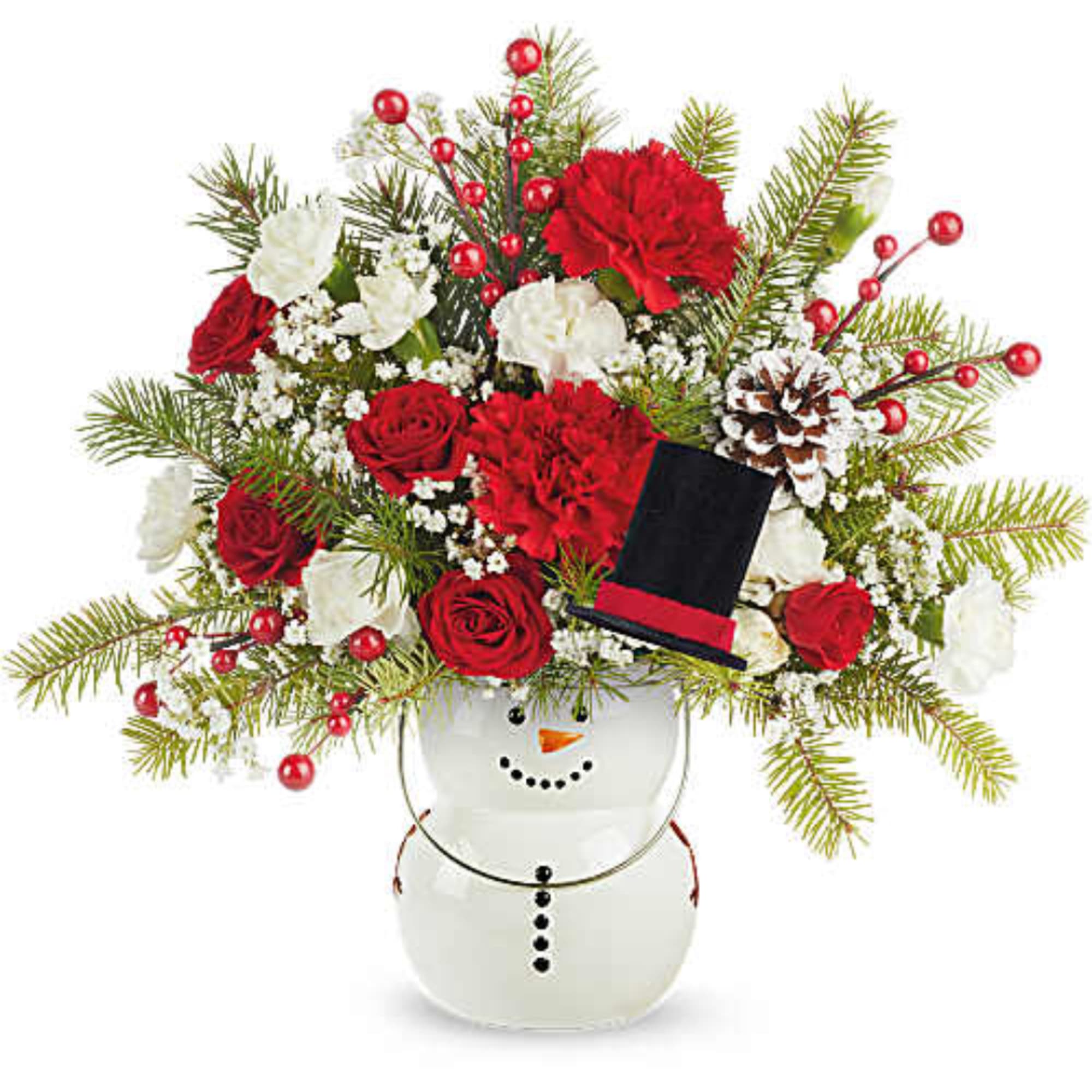 Christmas bouquet in a snowman vase with red and white flowers