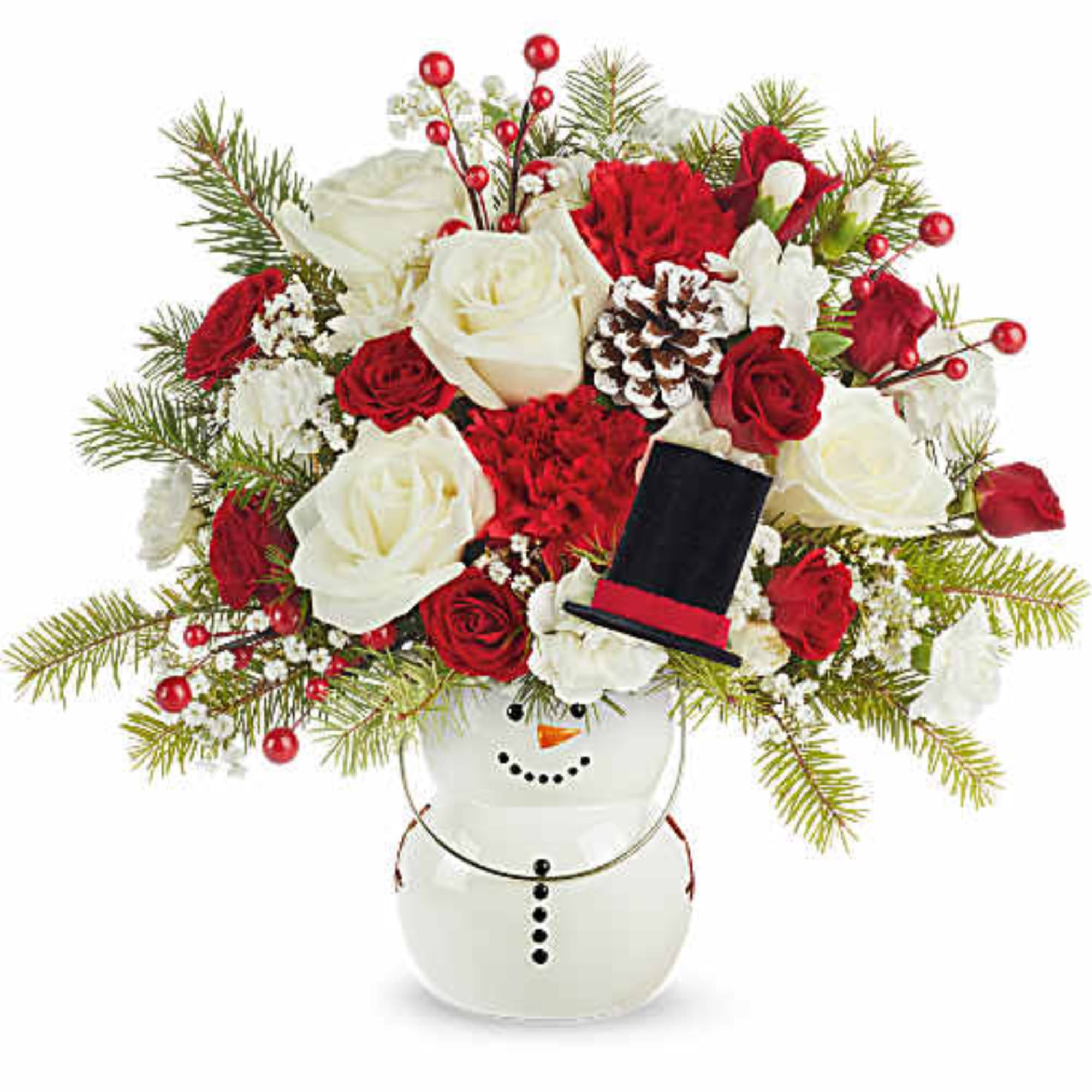 Red and white rose bouquet in a snowman vase with pine accents