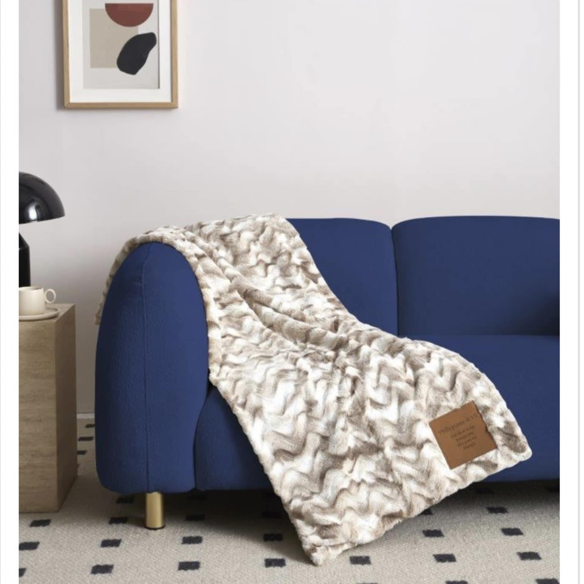 Patterned throw blanket draped over a blue sofa