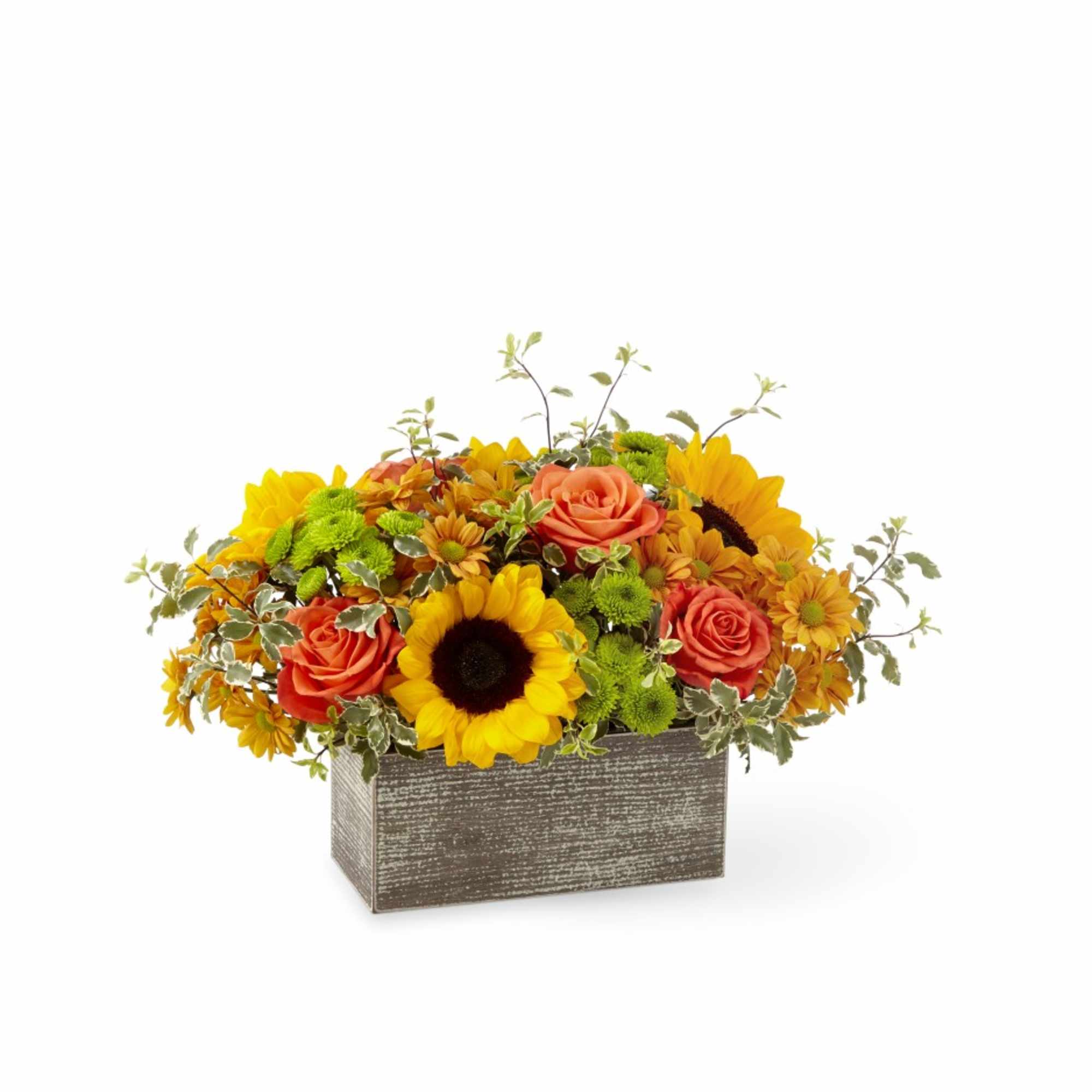 Sunflower and rose arrangement in a rectangular wooden box