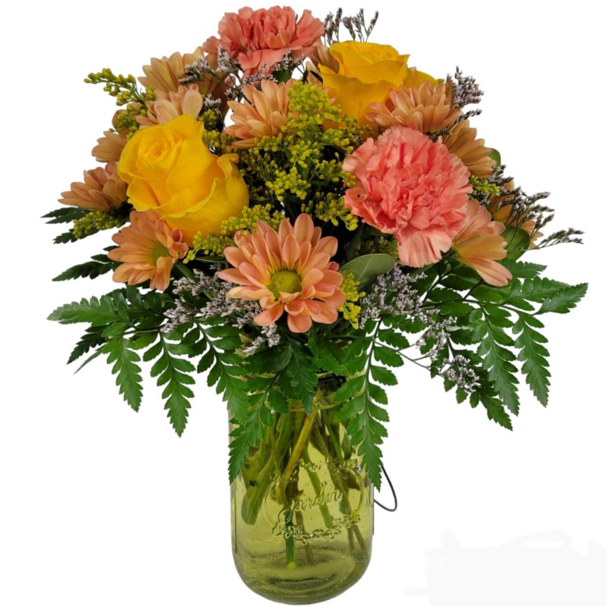 A mix  of flowers such as roses, carnations and daisies with