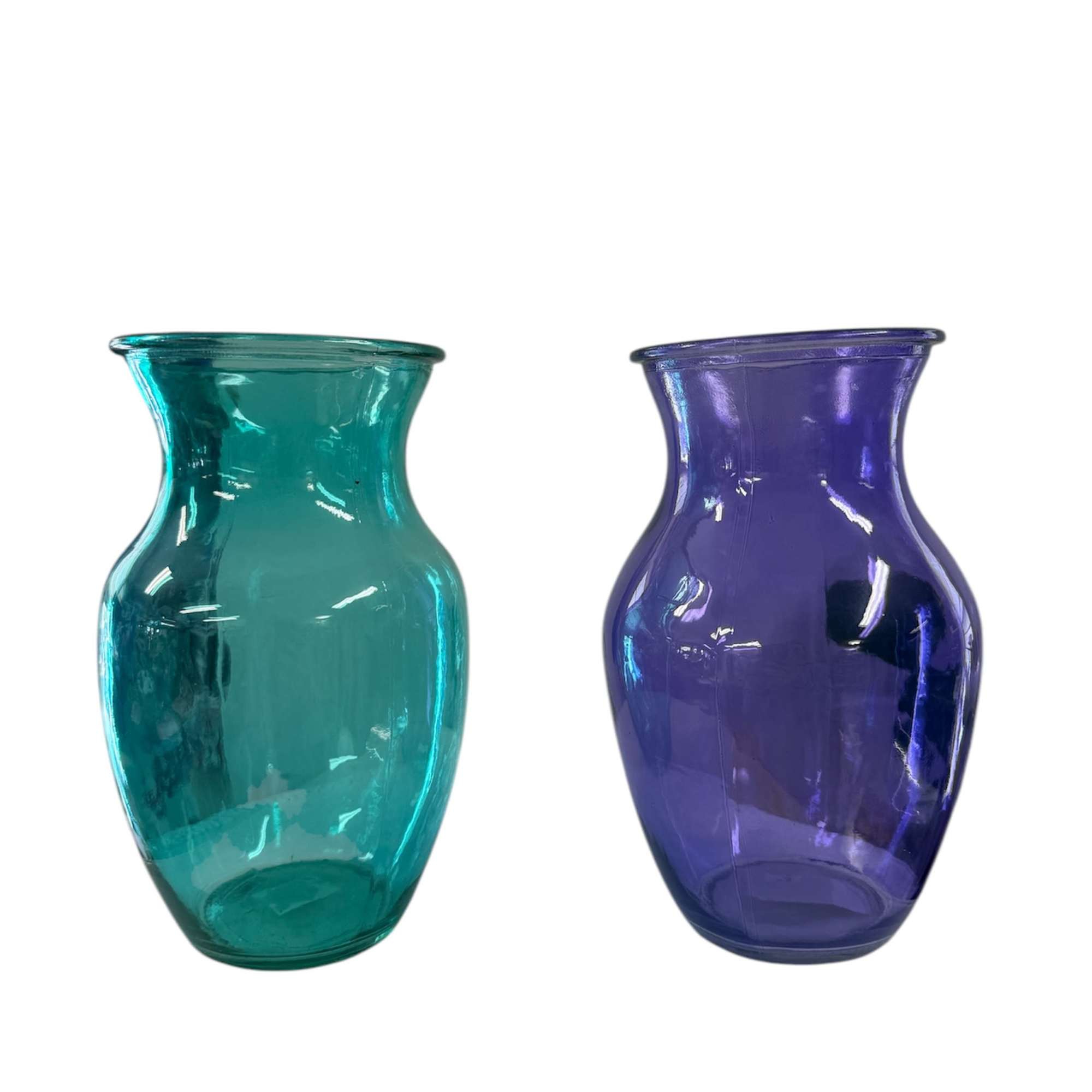 Two colored glass vases, one teal and one purple