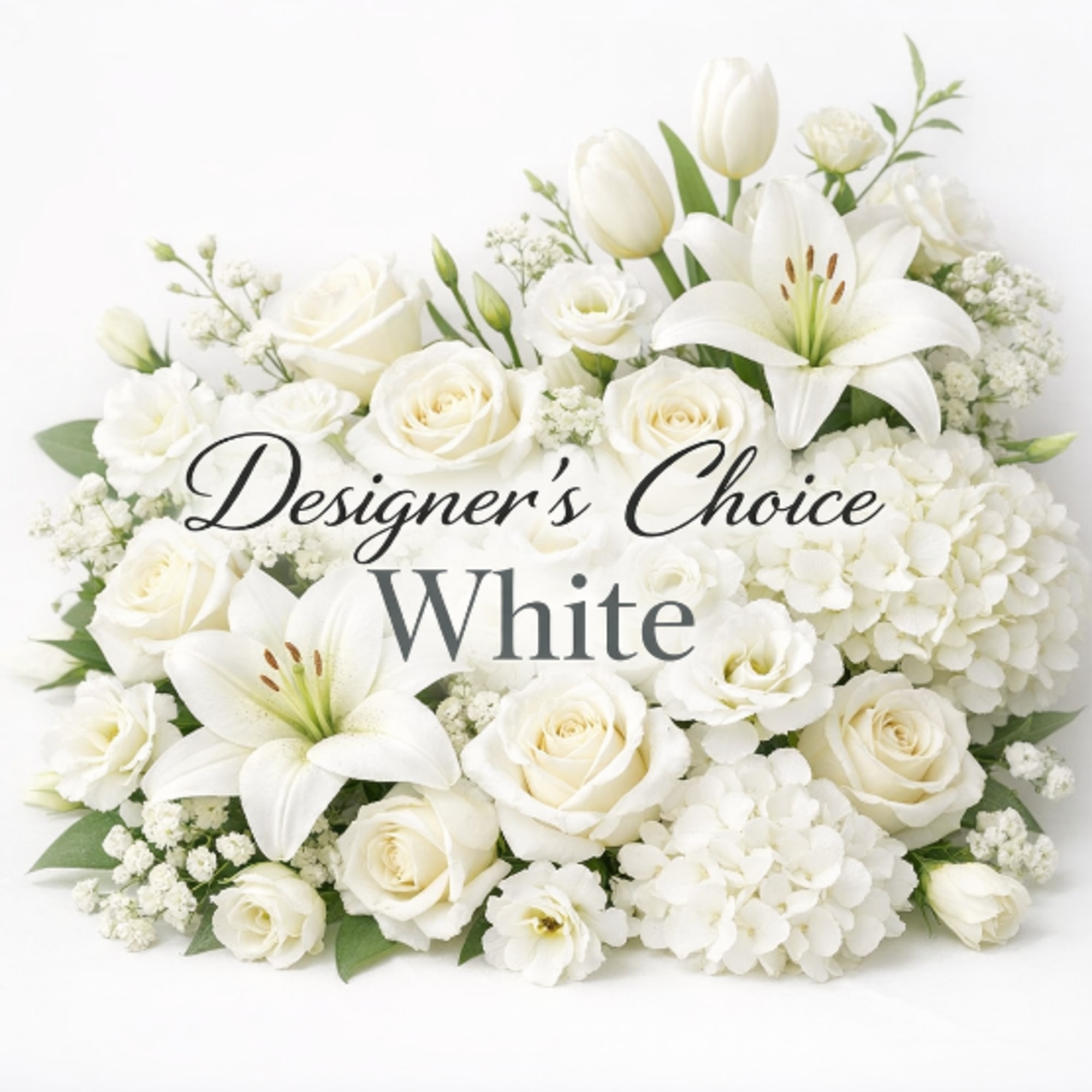 White floral arrangement with roses, lilies, and hydrangeas