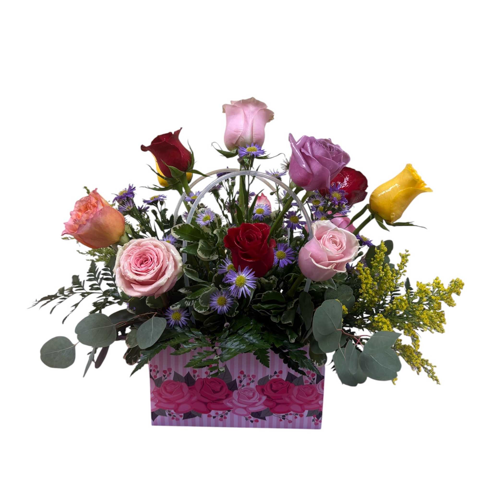 A bright, giftable presentation of mixed-color roses that reads like a bouquet, photo 2 of 2
