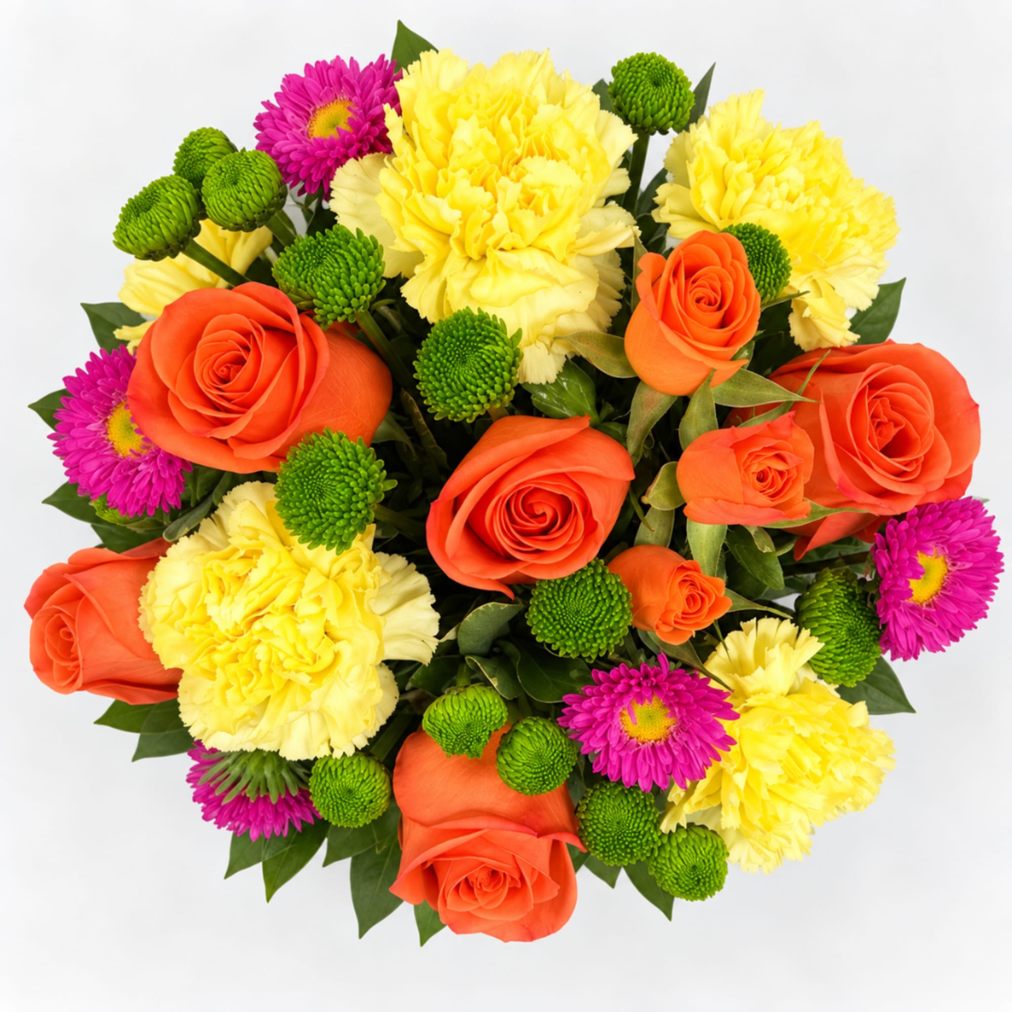 Bouquet of orange roses, yellow carnations, and magenta daisies