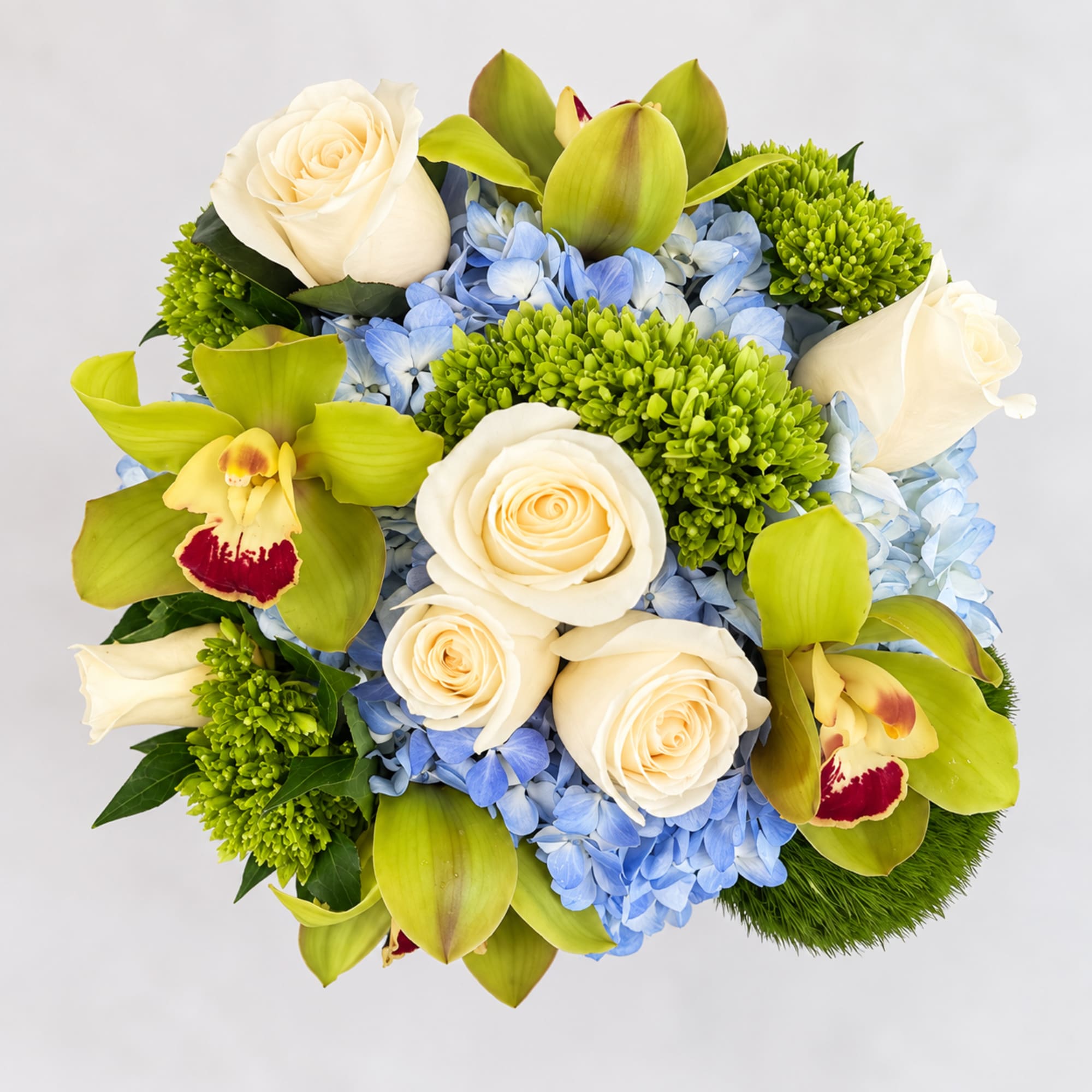 Bouquet of cream roses, blue hydrangeas, and green orchids