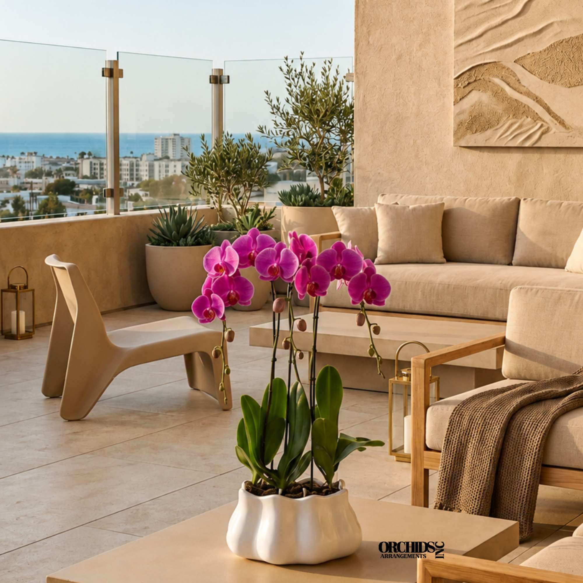 Potted pink orchid arrangement on a beige table in a modern patio seating area