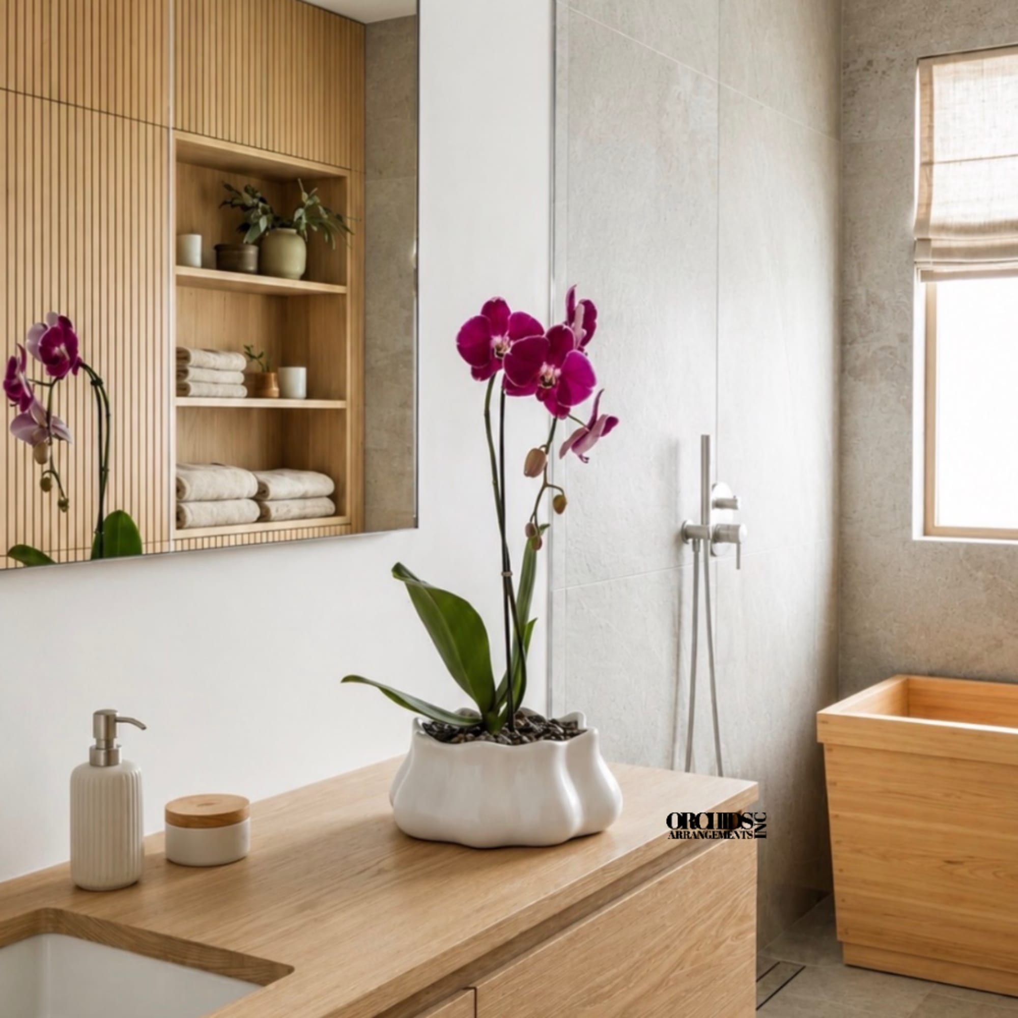 Pink orchid in a white ceramic planter on a bathroom counter