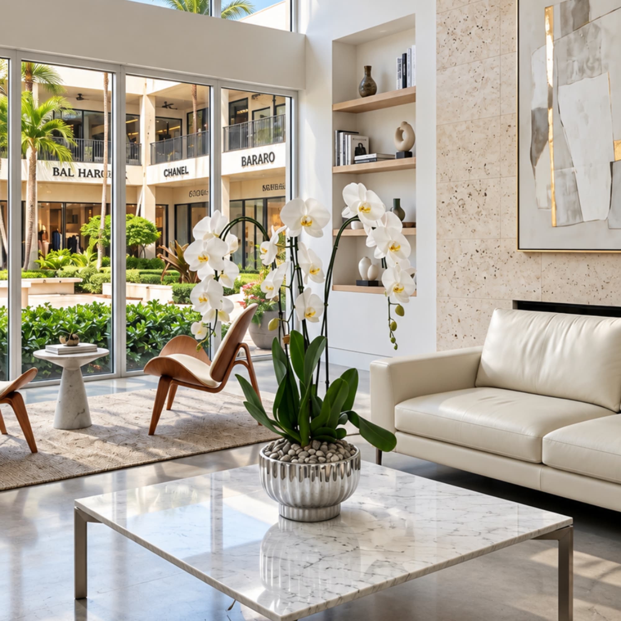 White orchids in a silver pot on a marble coffee table