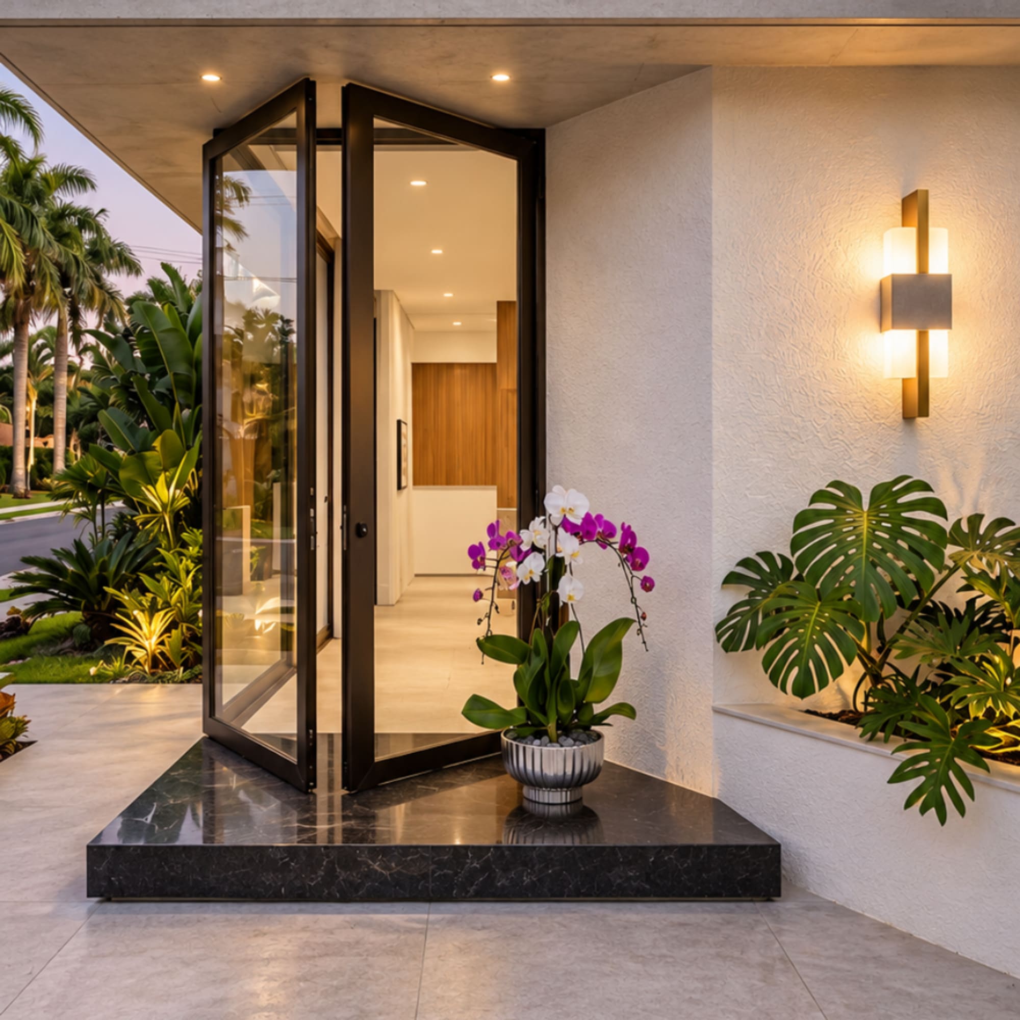 Potted orchid arrangement on a front entry step beside an open doorway
