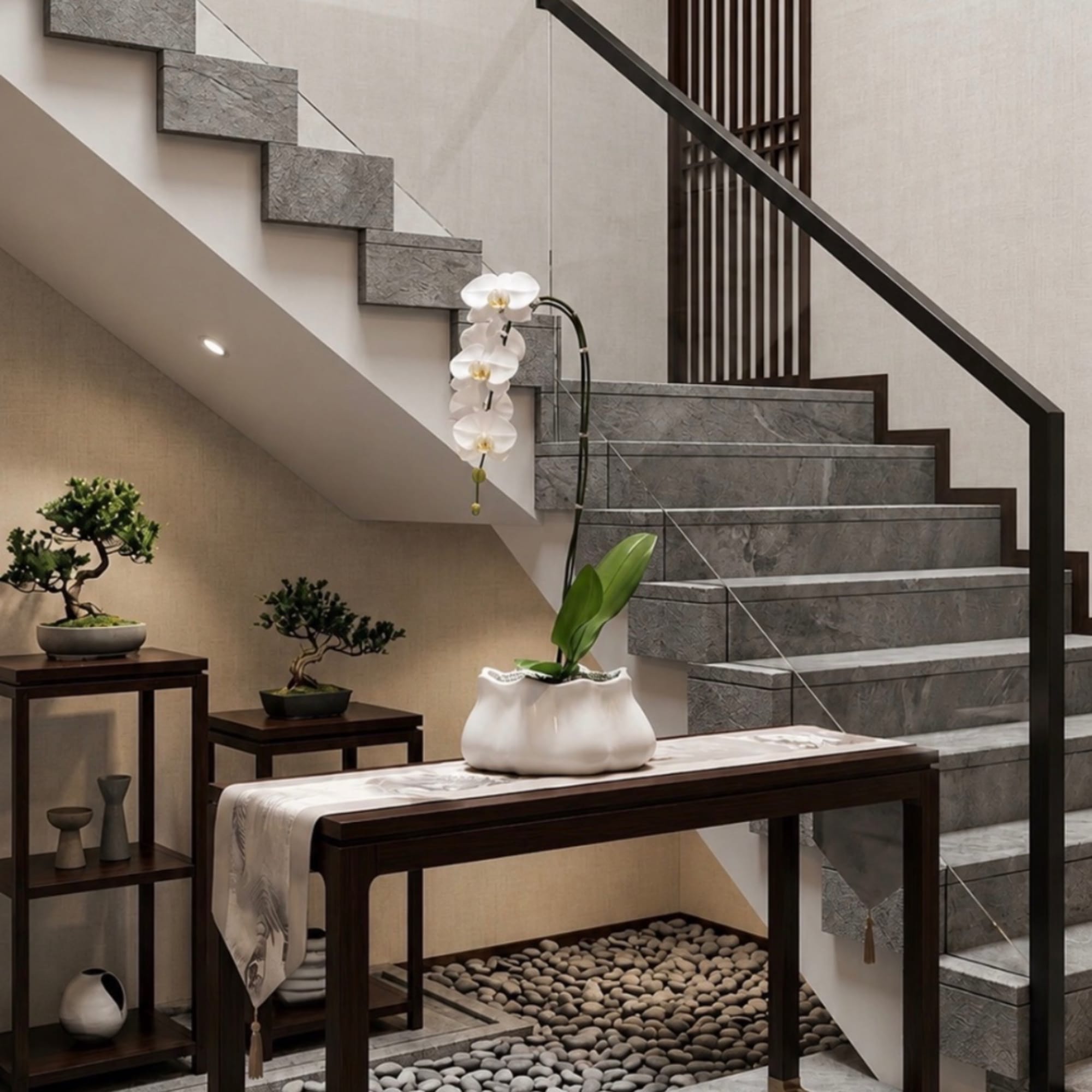 White orchid arrangement in a white vase beside a staircase
